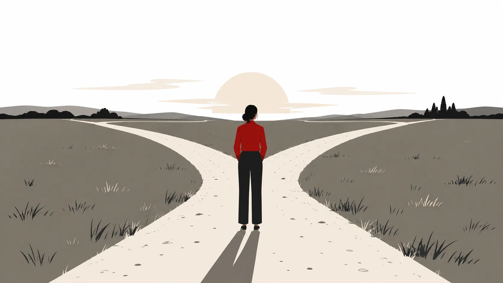 Ein Feldweg teilt sich im Morgengrauen