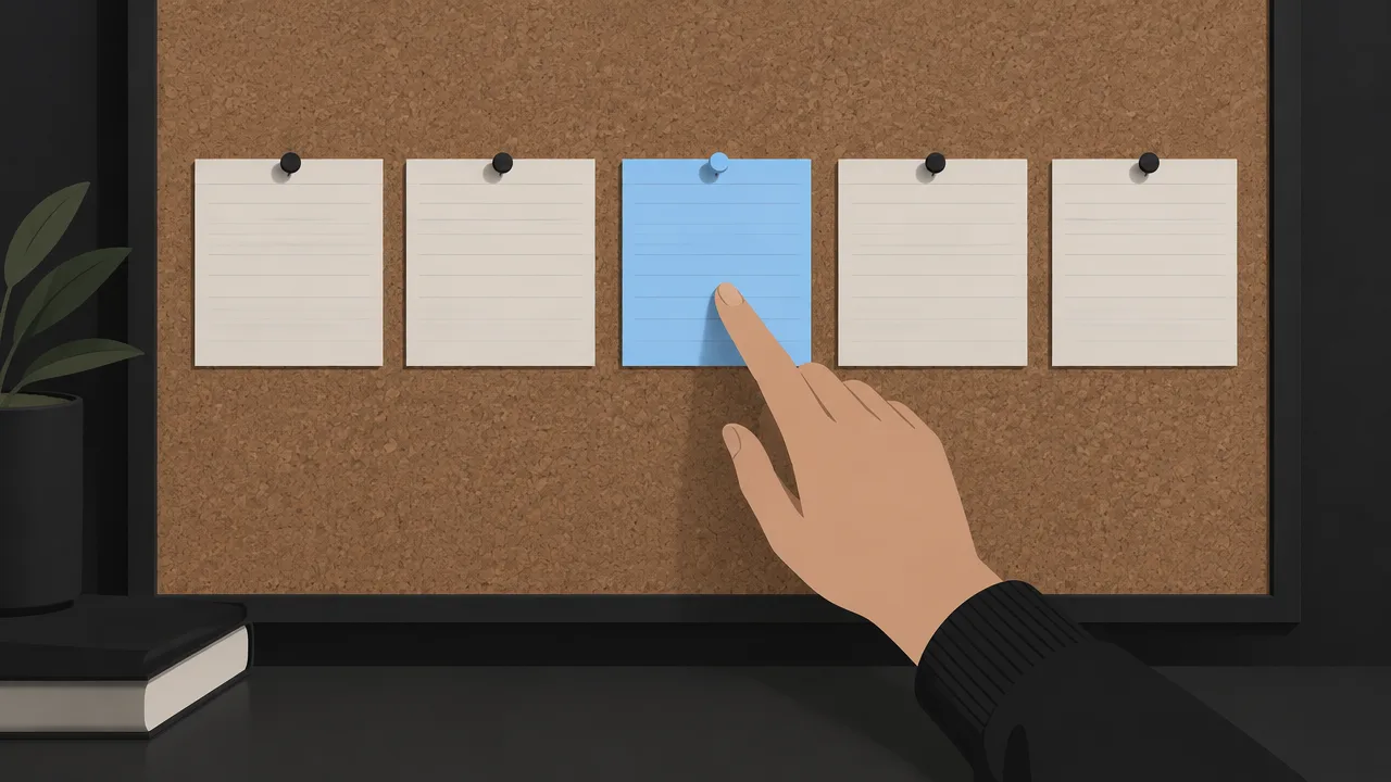 Index cards pinned to a corkboard for planning a character's arc
