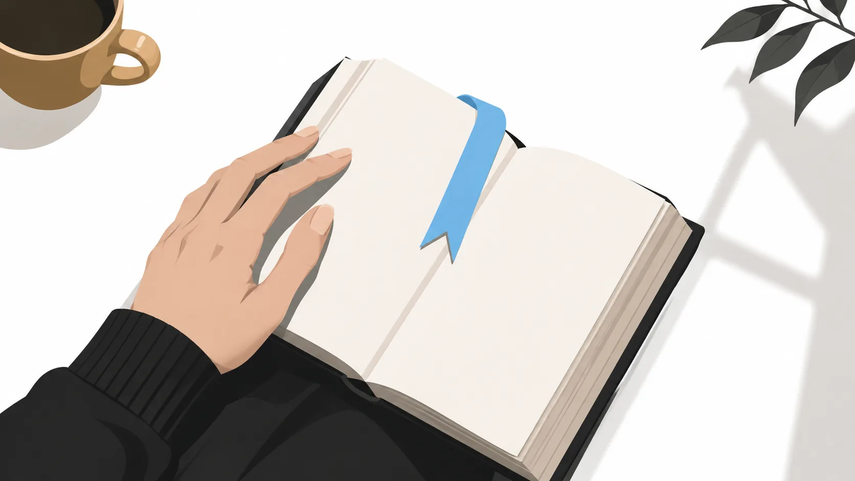 Reader's hand marking a page in a novel, suggesting a character's inner journey