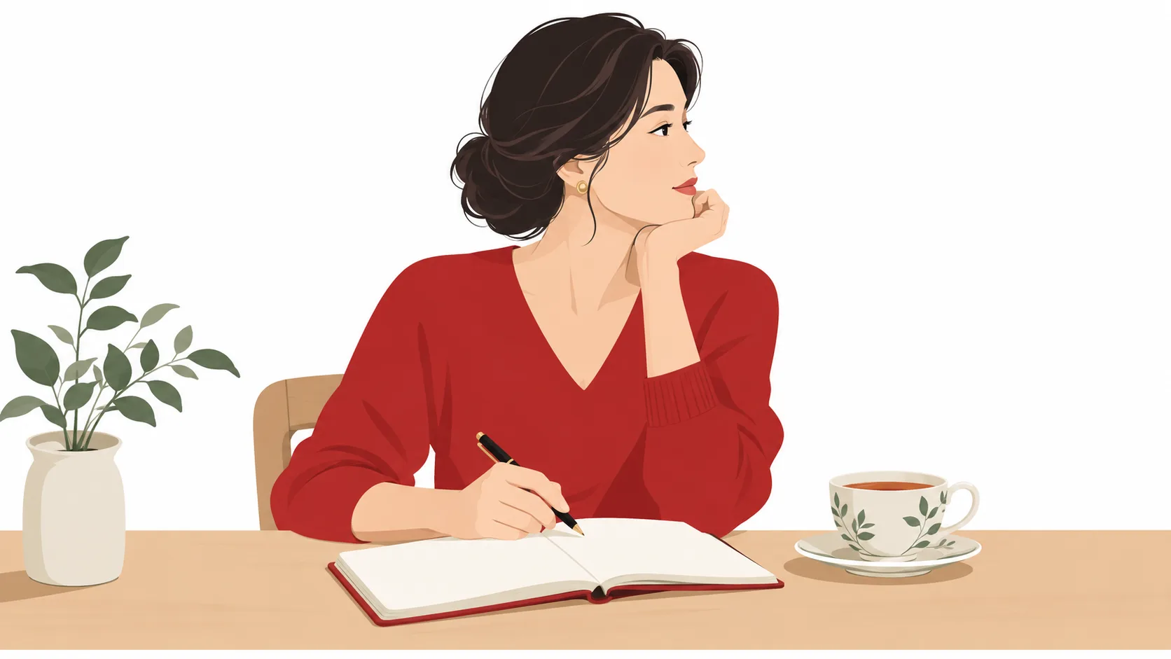 Illustration einer Person im roten Pullover mit einem Stift über einem Notizbuch neben Tee und einer Pflanze