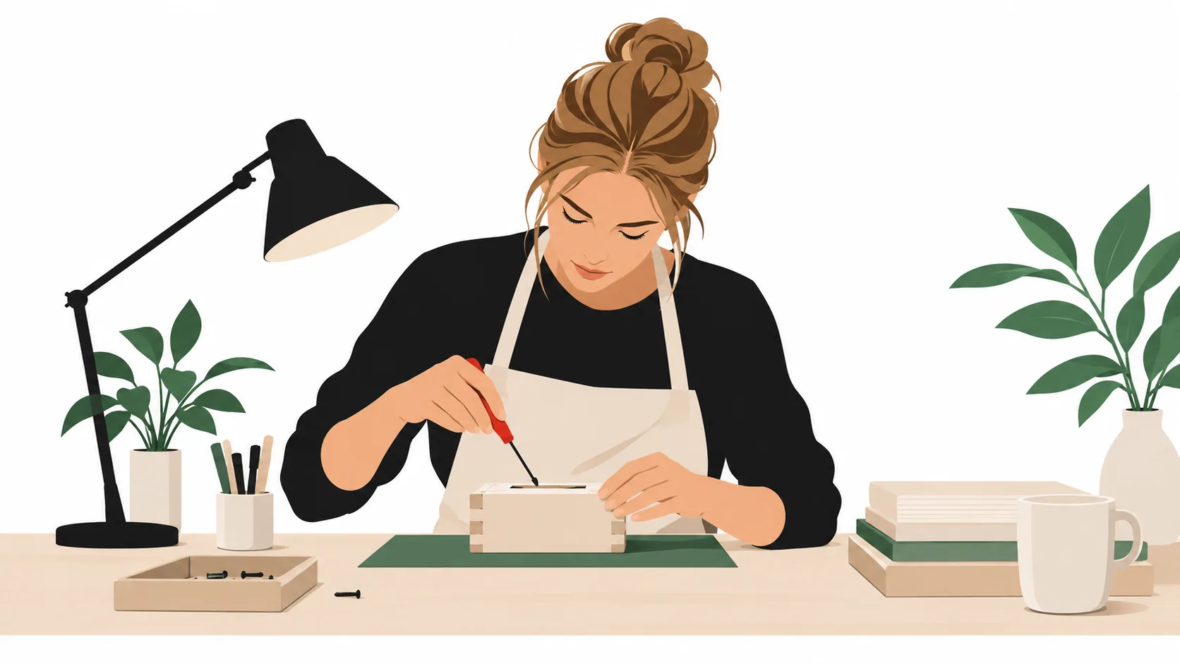 Illustration einer Person, die an einem Schreibtisch mit einem Schraubendreher an einer Holzkiste arbeitet