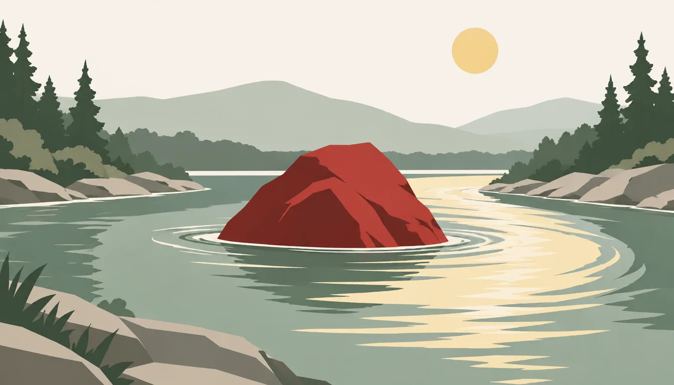 Illustration eines roten Felsens in einem Fluss mit Bäumen, Bergen und Sonne