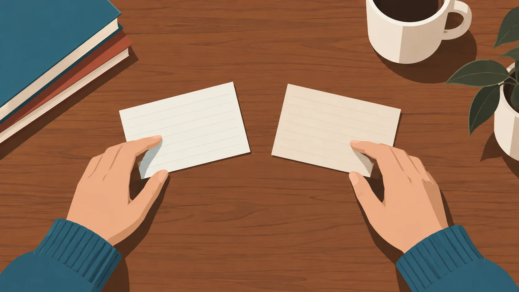 Writer choosing between two novel ideas on index cards