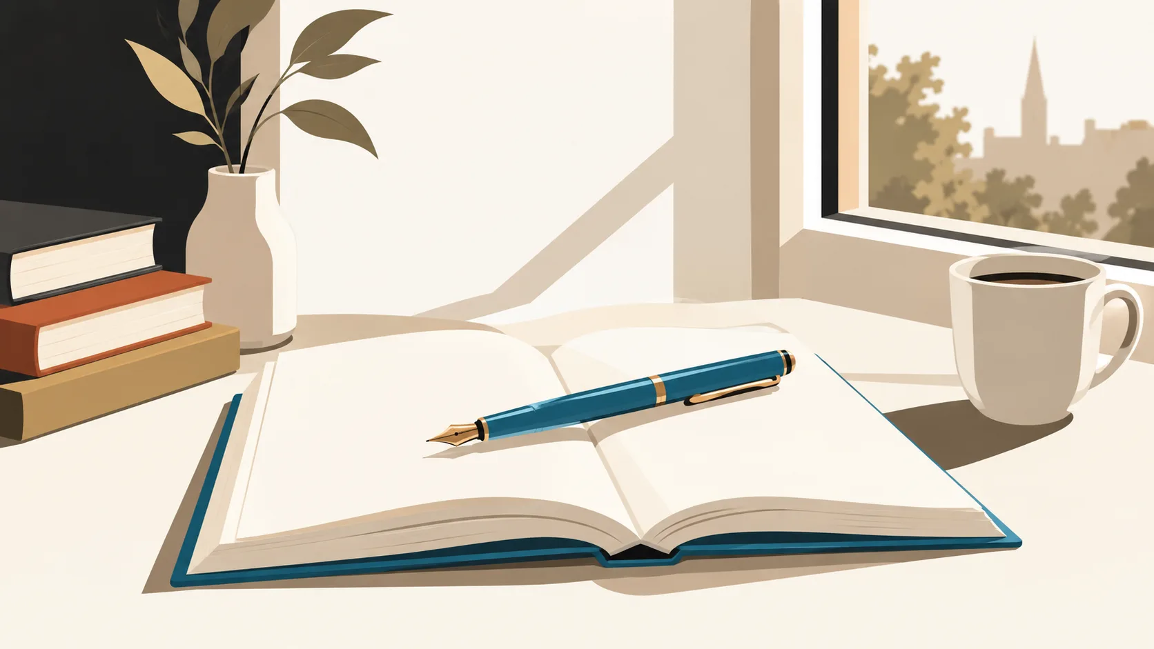 Pen resting on a manuscript by a window in morning light