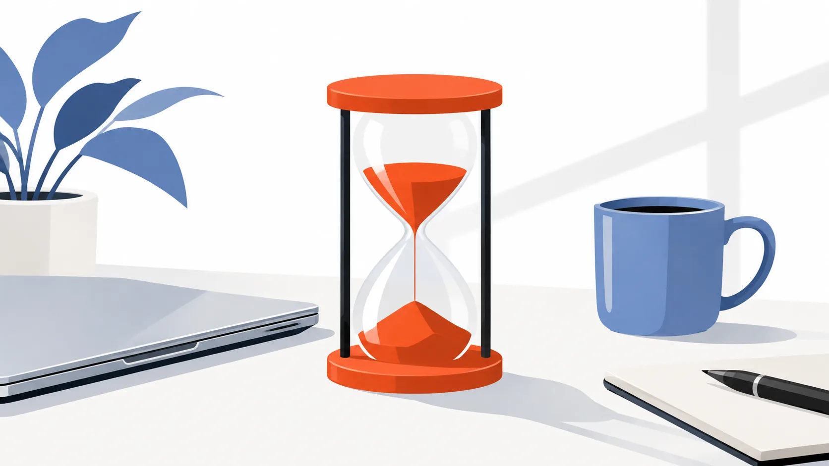 Hourglass beside a closed laptop representing slow early results from online work