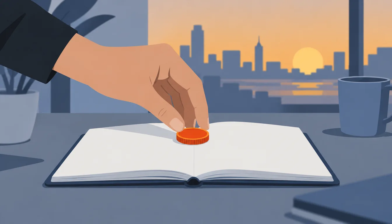 A single coin resting on an open notebook marking a first payment