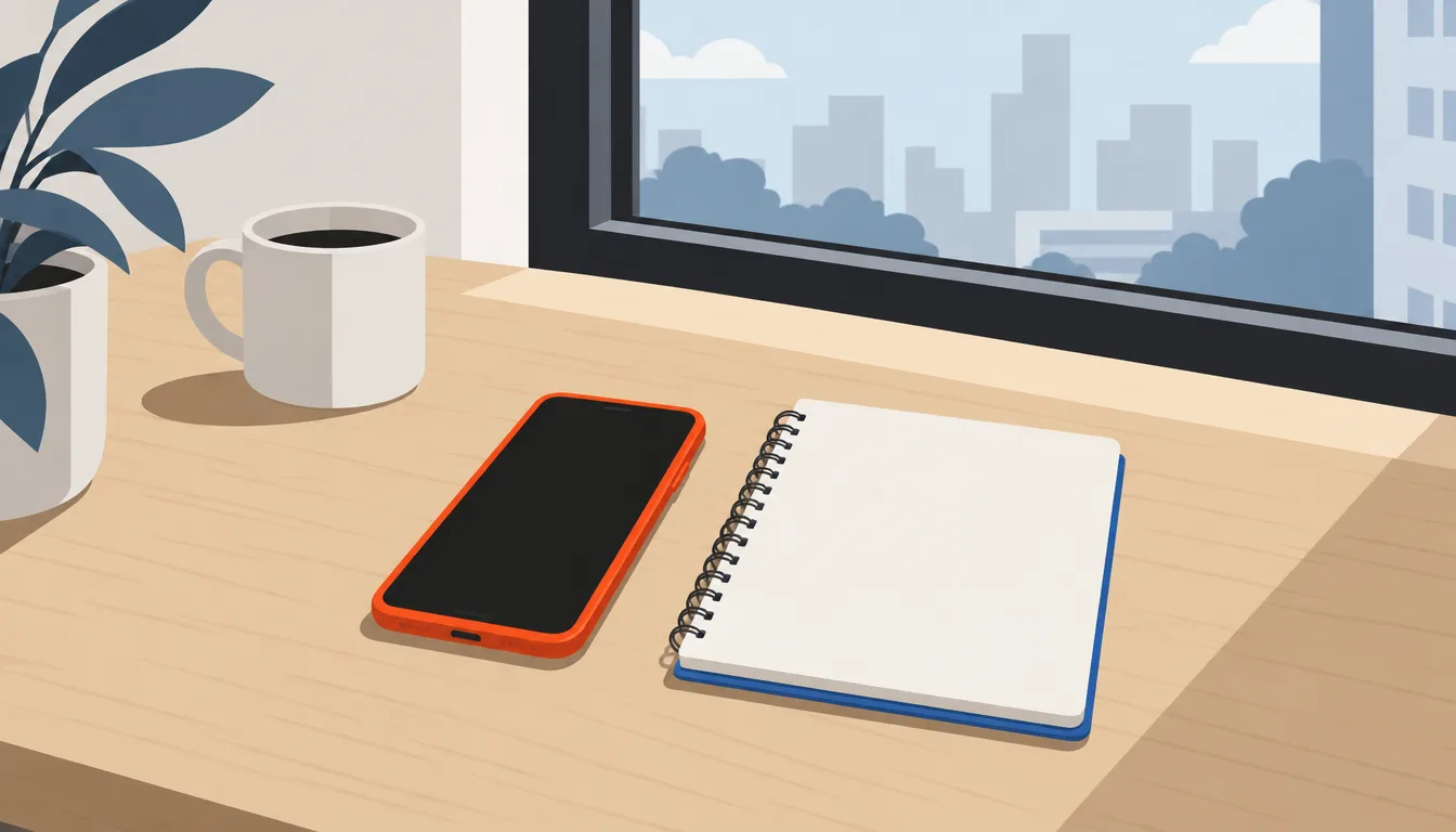 Phone and notebook on a wooden desk, the basic tools for starting online work