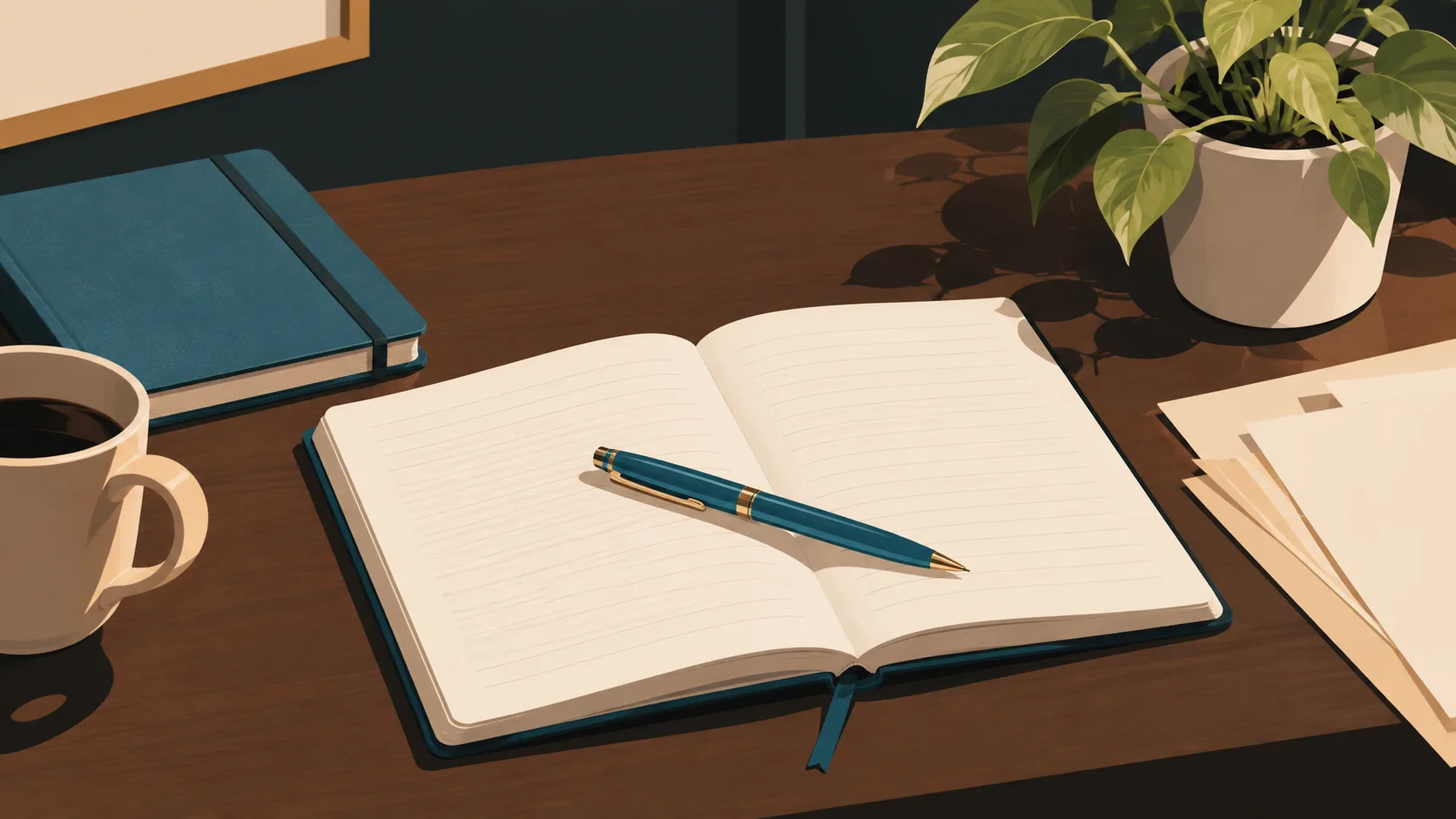 Writing desk with notebook, pen, and printed chapter outline