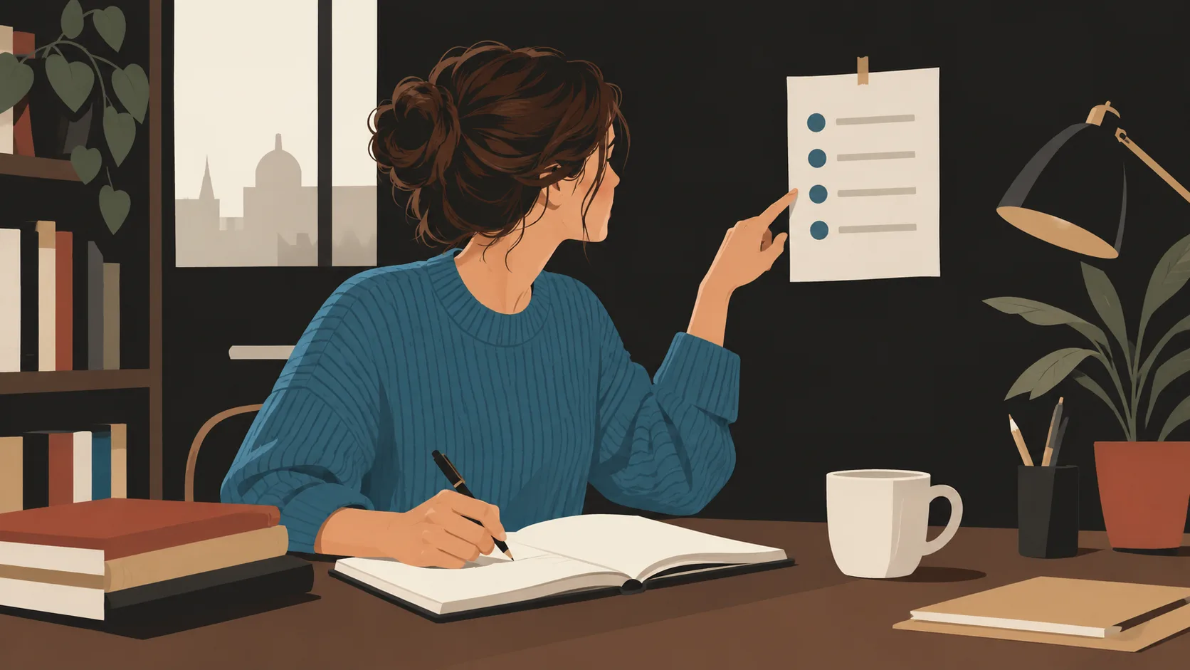 Novelist writing at desk with five-step reference guide visible