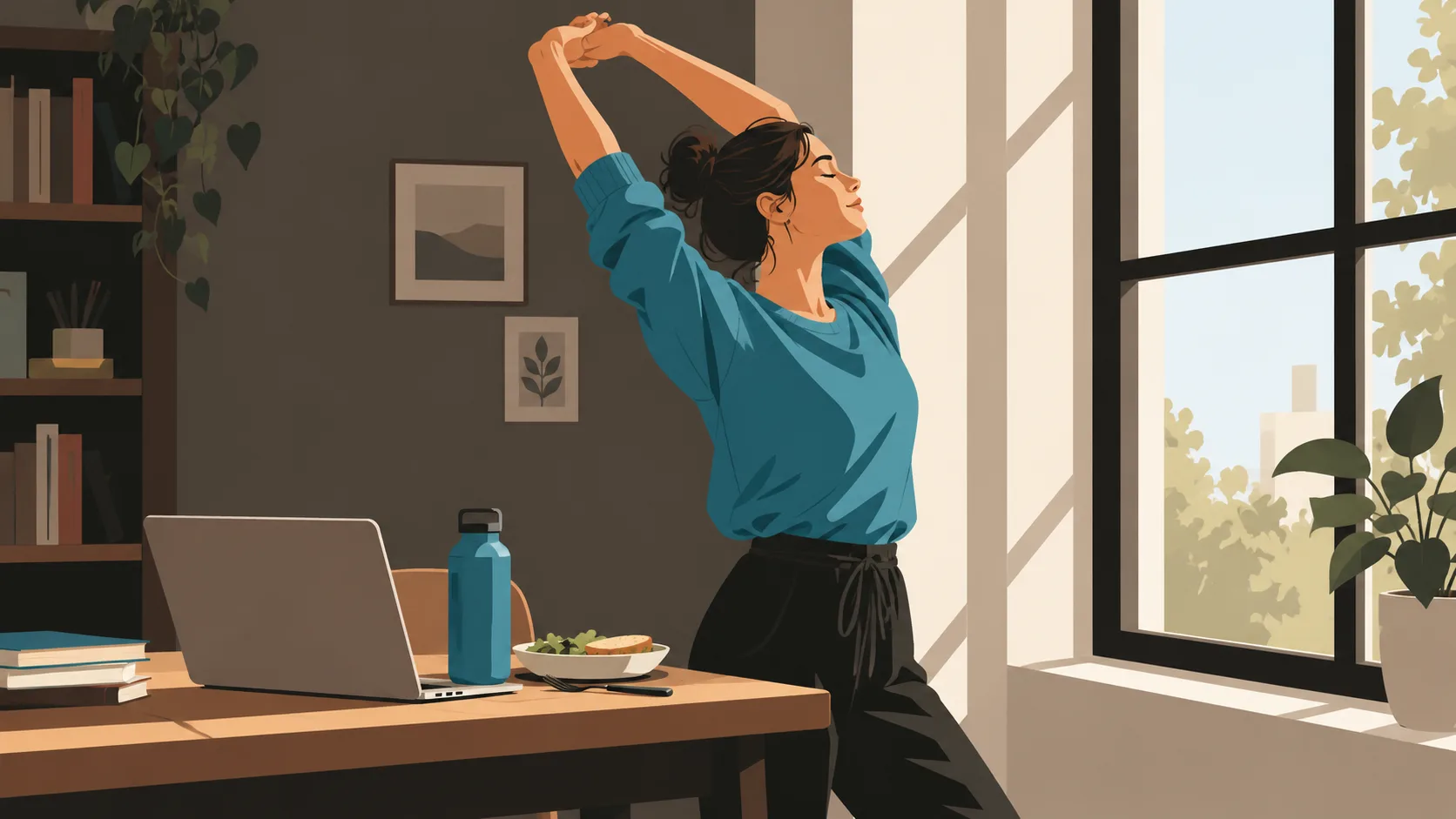 Novelist taking a break from writing, turning toward natural light with food and water nearby