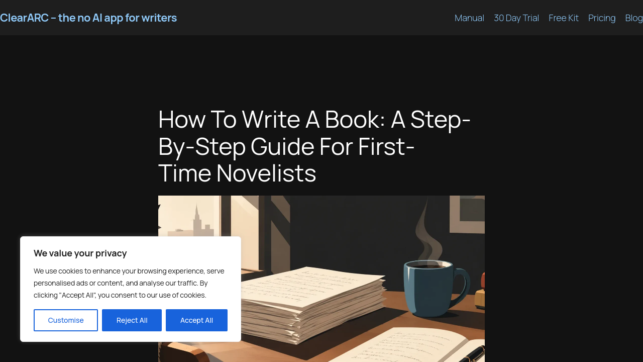 Screenshot of a guide to novel writing showing genre categories and planning resources for first-time writers.