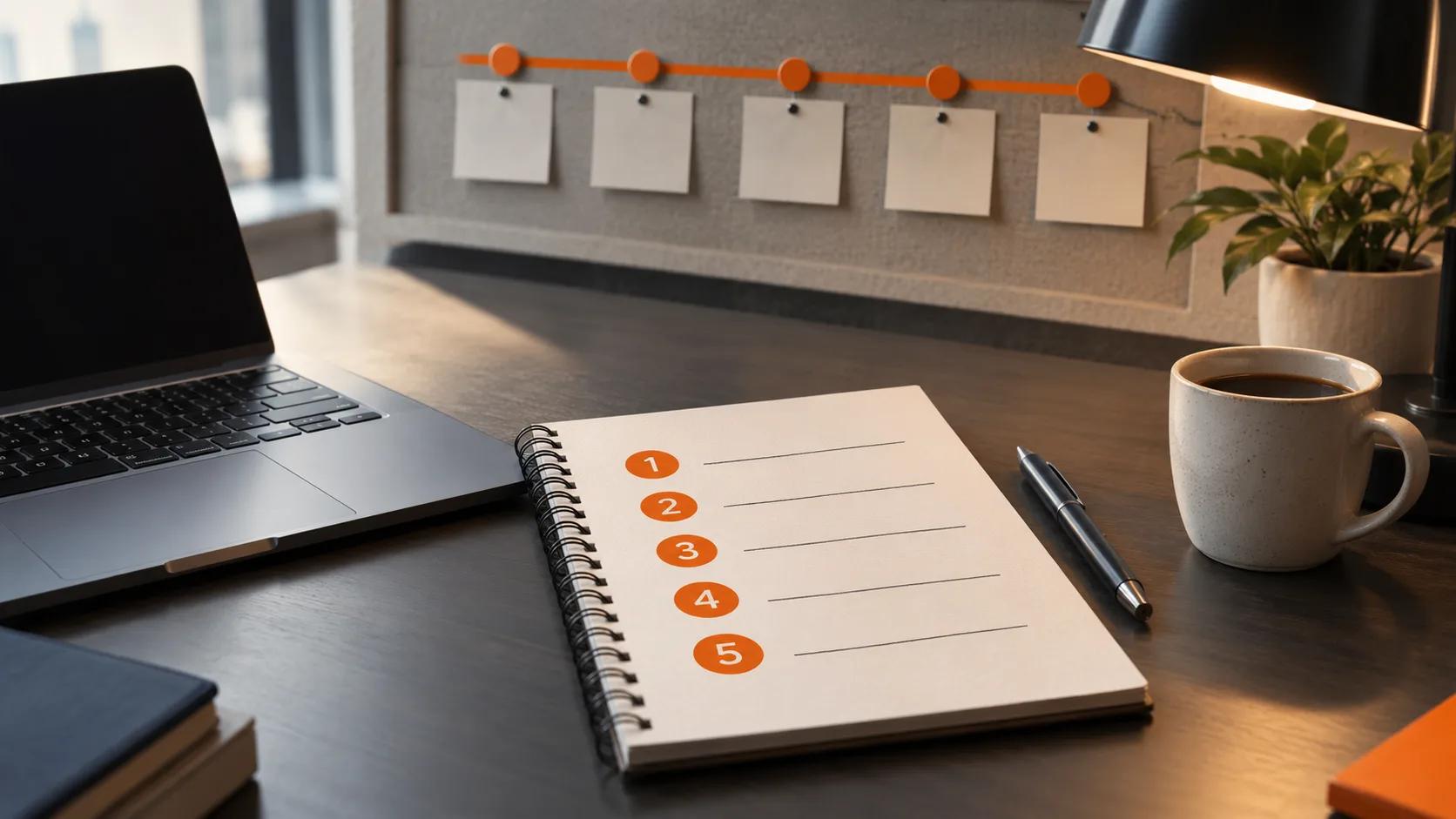A workspace showing the sequential steps for building an affiliate marketing business, with timeline and planning visible