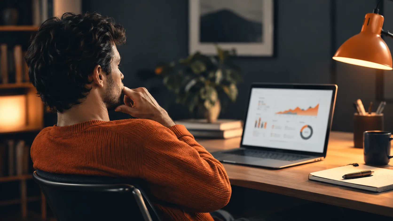 An affiliate marketer troubleshooting performance issues by analyzing metrics and data on their laptop