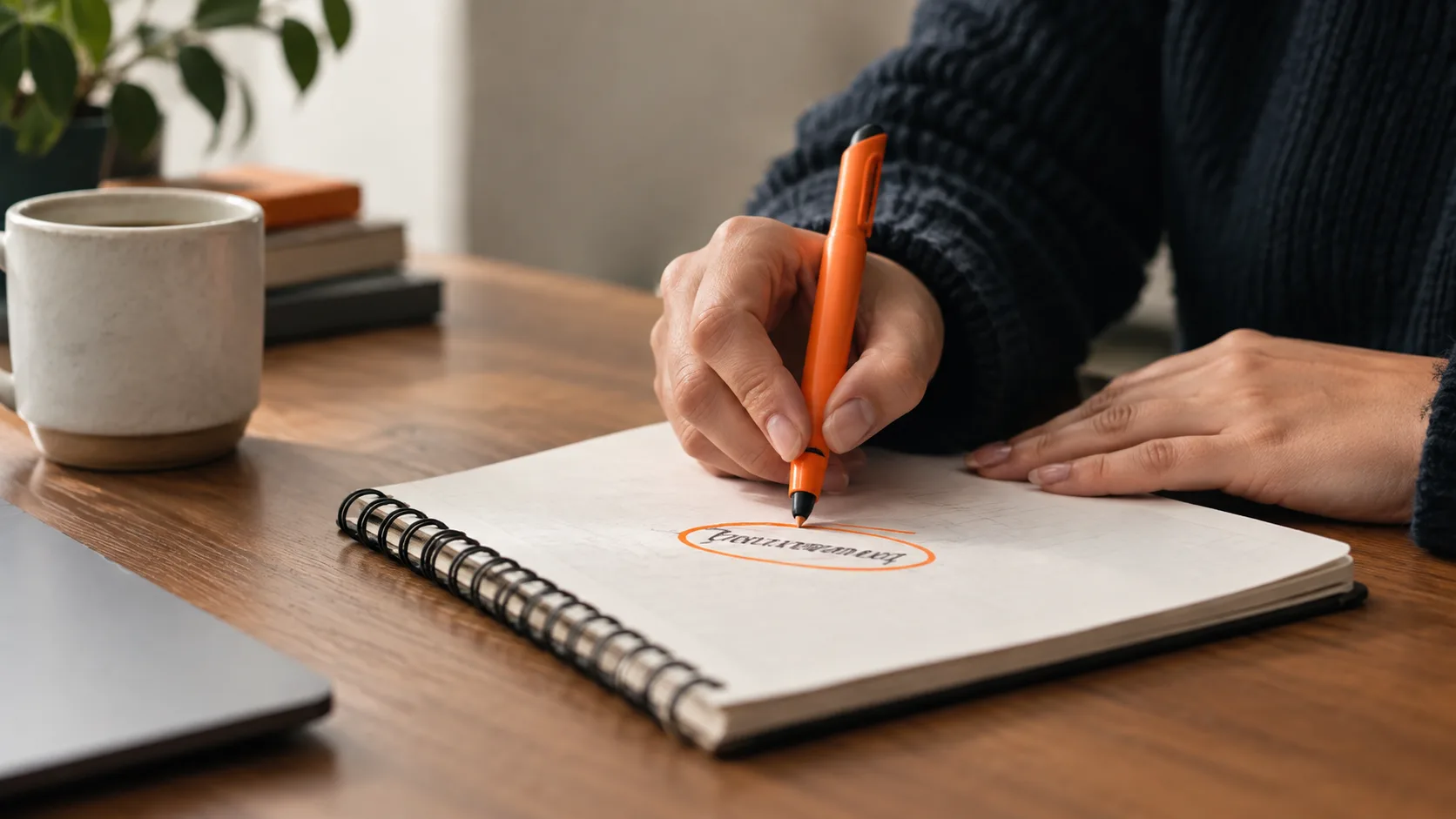 A person thoughtfully choosing an affiliate marketing niche, writing and circling ideas in a notebook