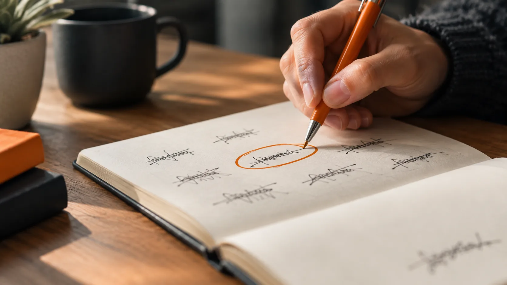 Choosing and writing down a niche topic for an affiliate marketing business with a journal and pen