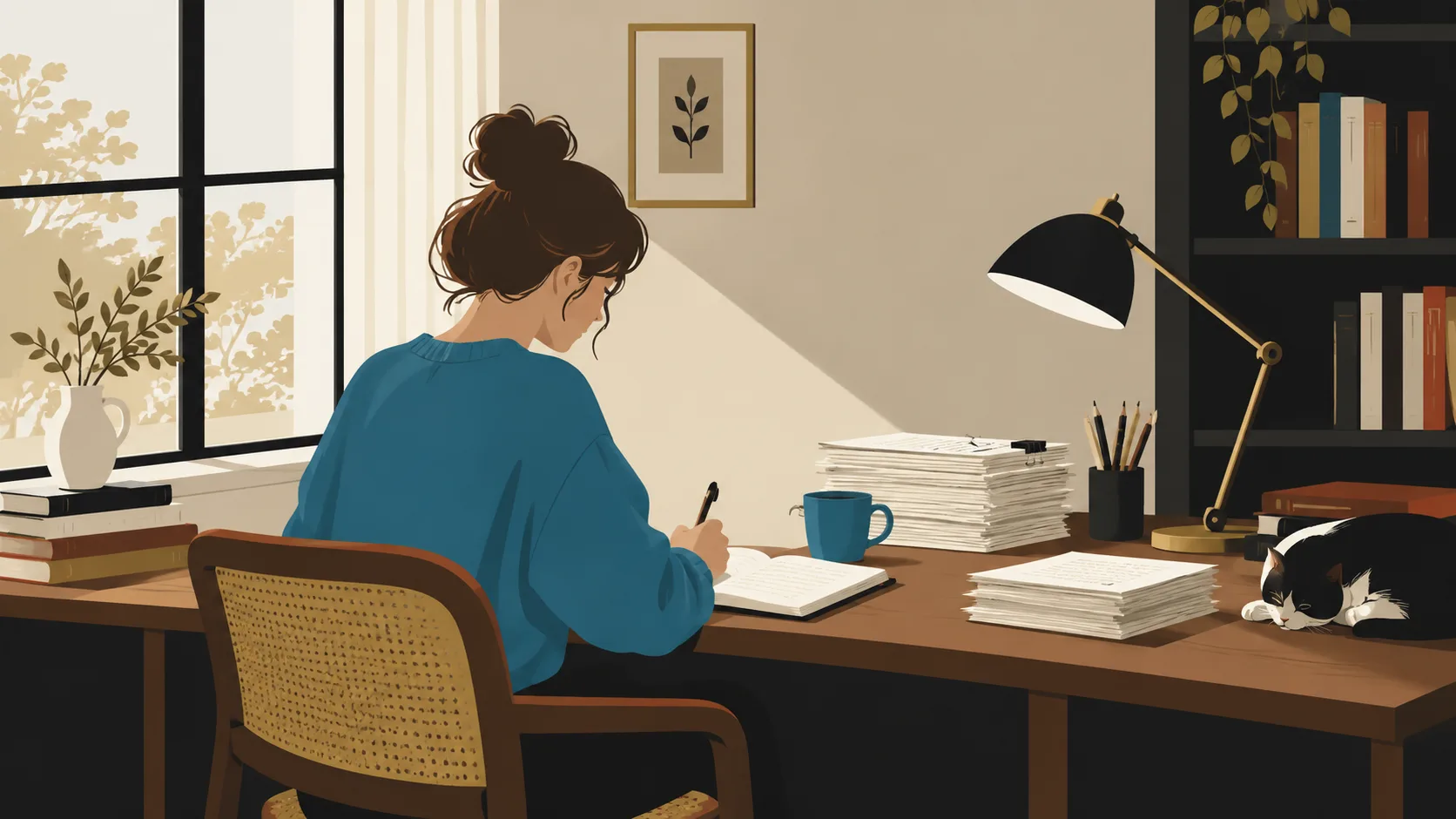 Novelist maintaining a consistent daily writing routine at a dedicated time and place
