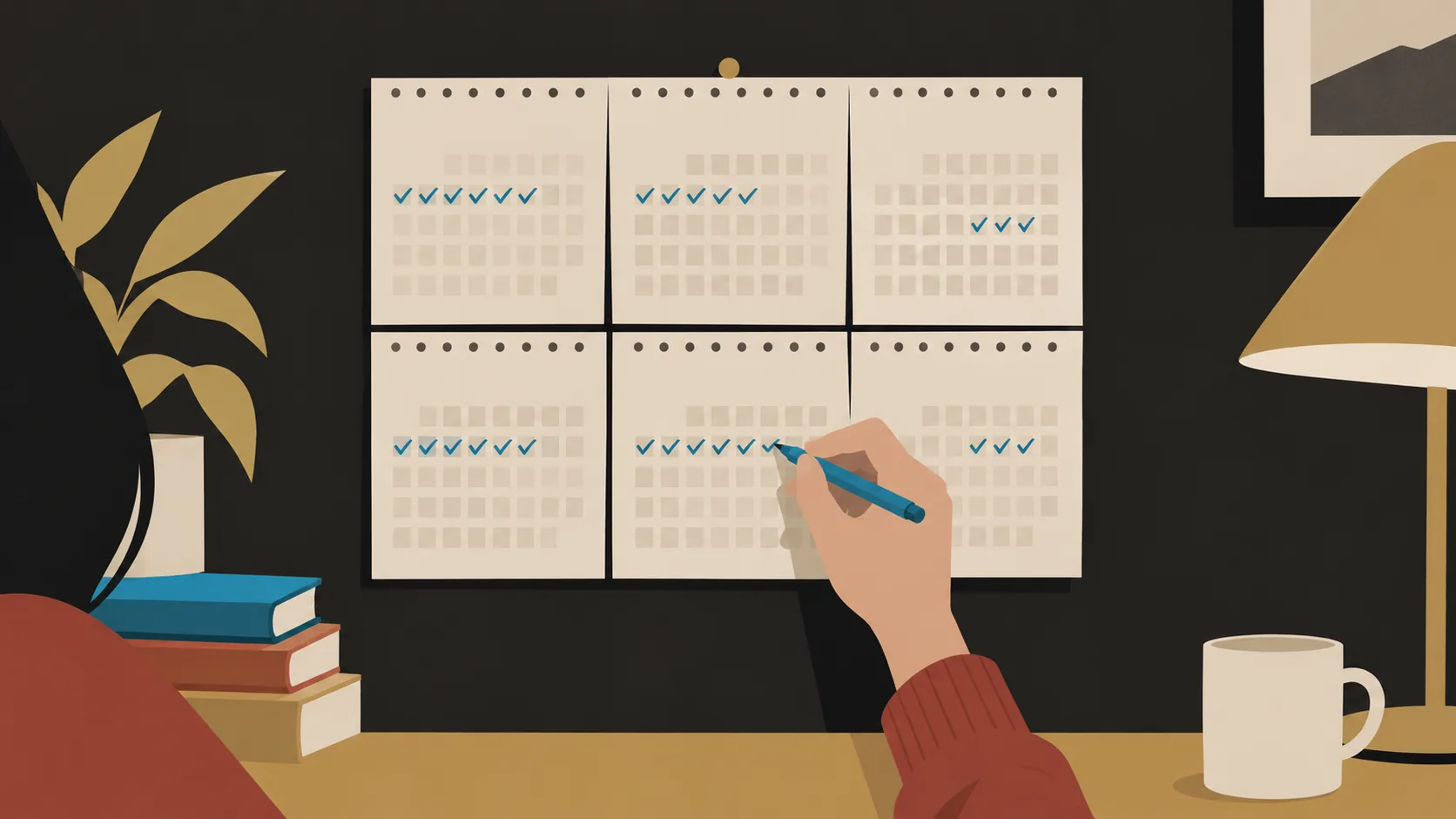 A calendar tracking the step-by-step progress of writing a novel over months, showing consistent writing sessions marked off.