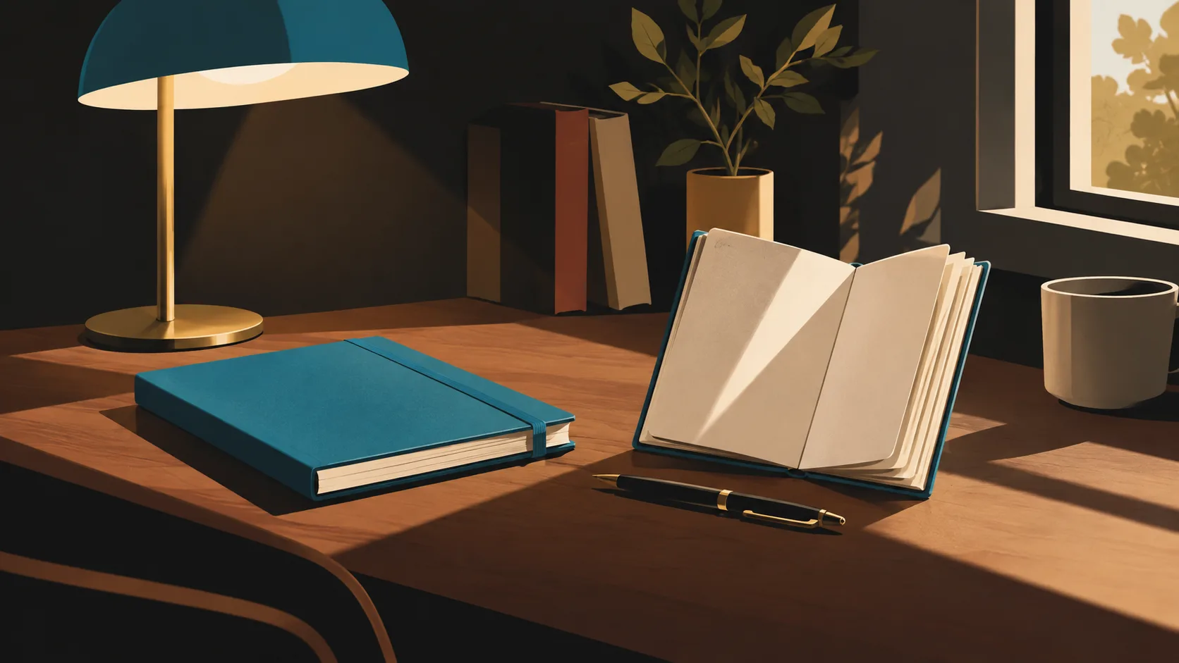 A dedicated writing workspace showing a notebook, pen, and pocket journal for capturing ideas before writing begins.