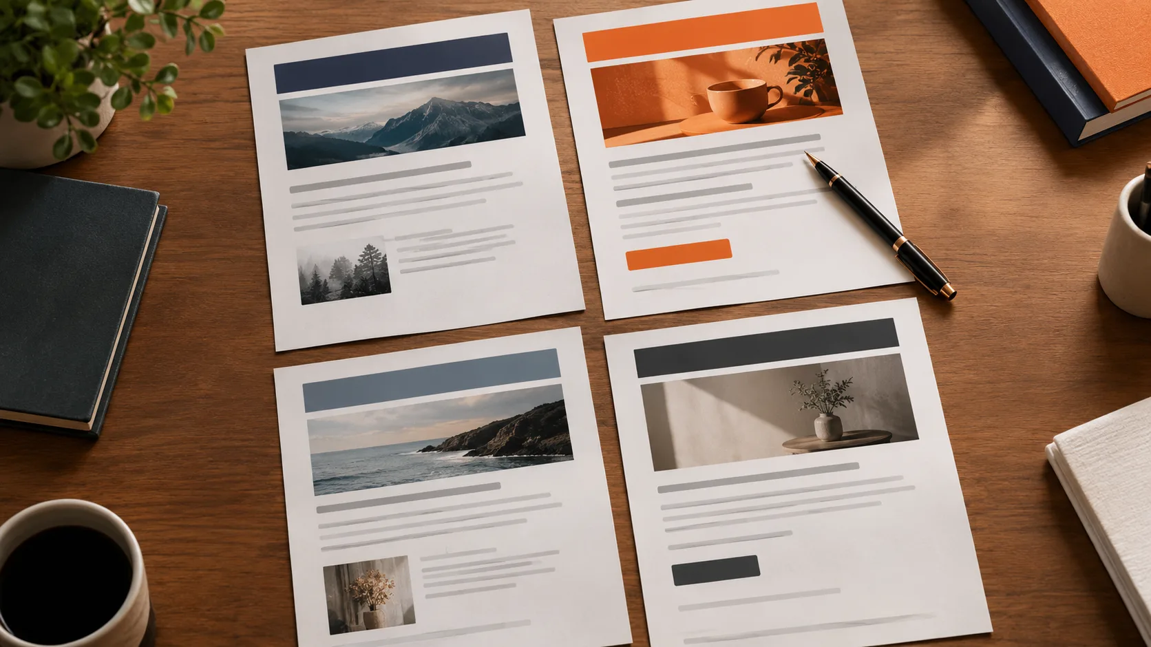 Four affiliate email template structures arranged on workspace with visual hierarchy highlighting highest-converting layout