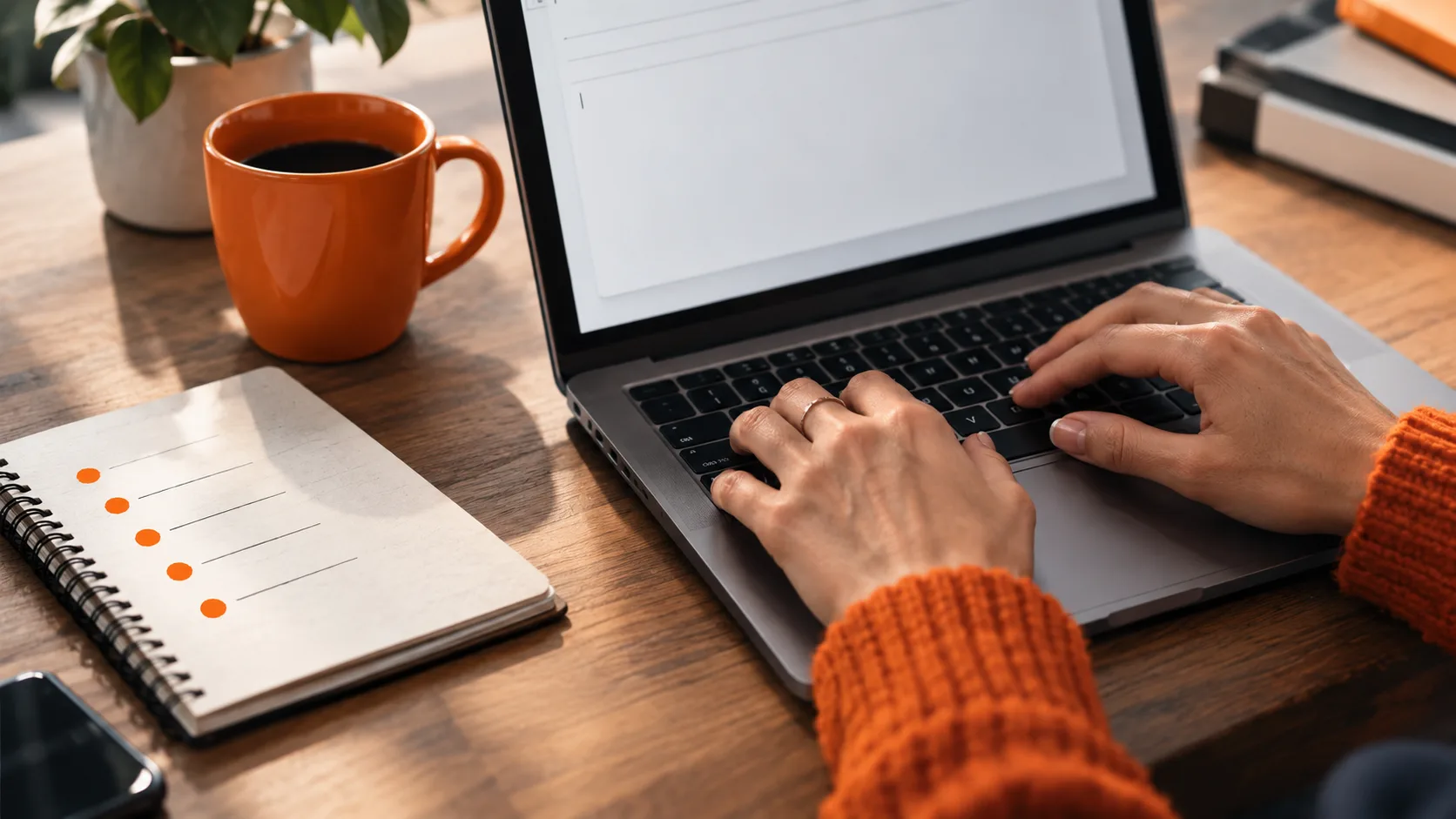 Writer's hands composing affiliate email subject line on screen with step-by-step outline on notepaper nearby