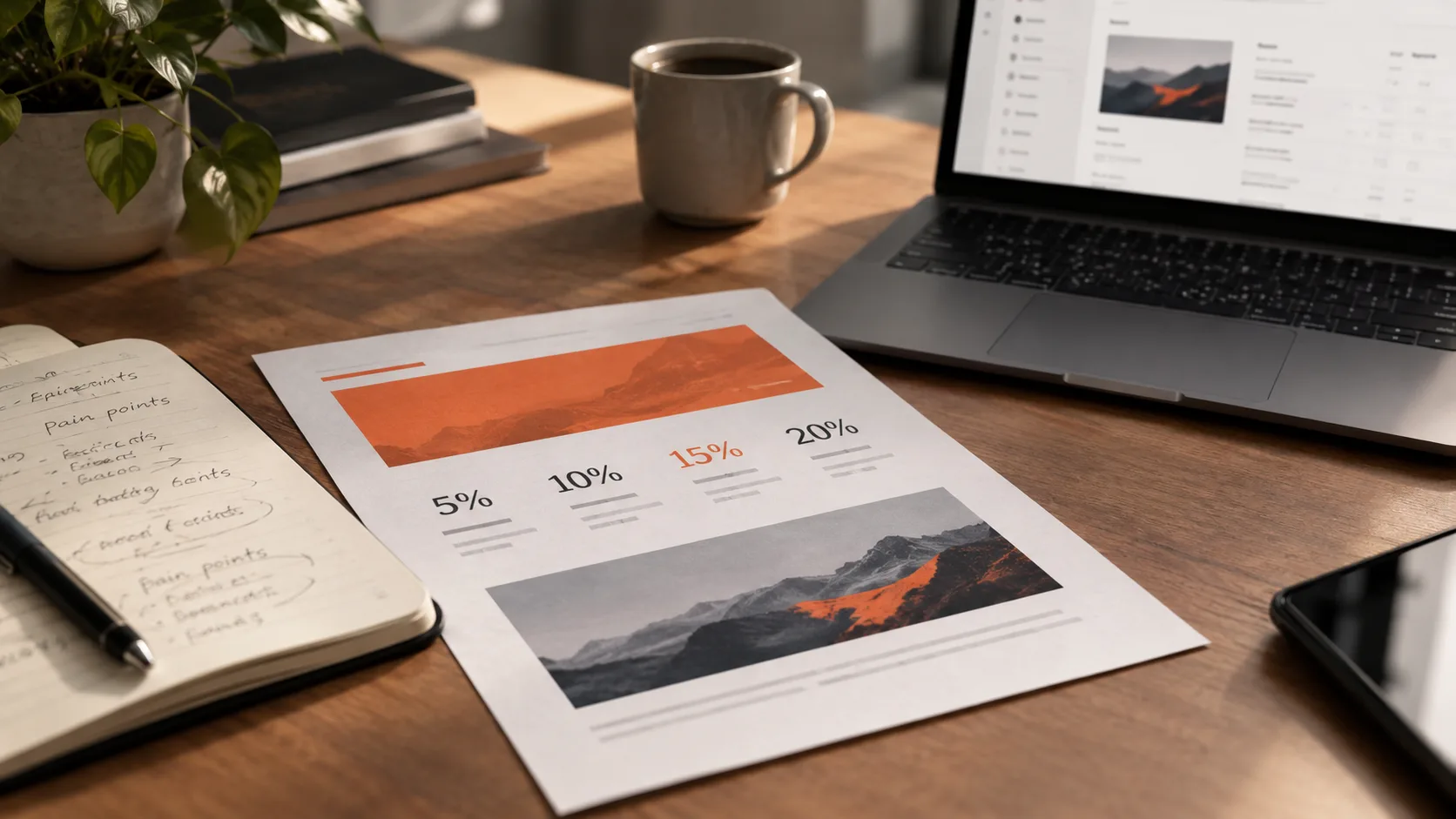 Desktop workspace displaying affiliate offer details, audience research notes, and email service provider interface