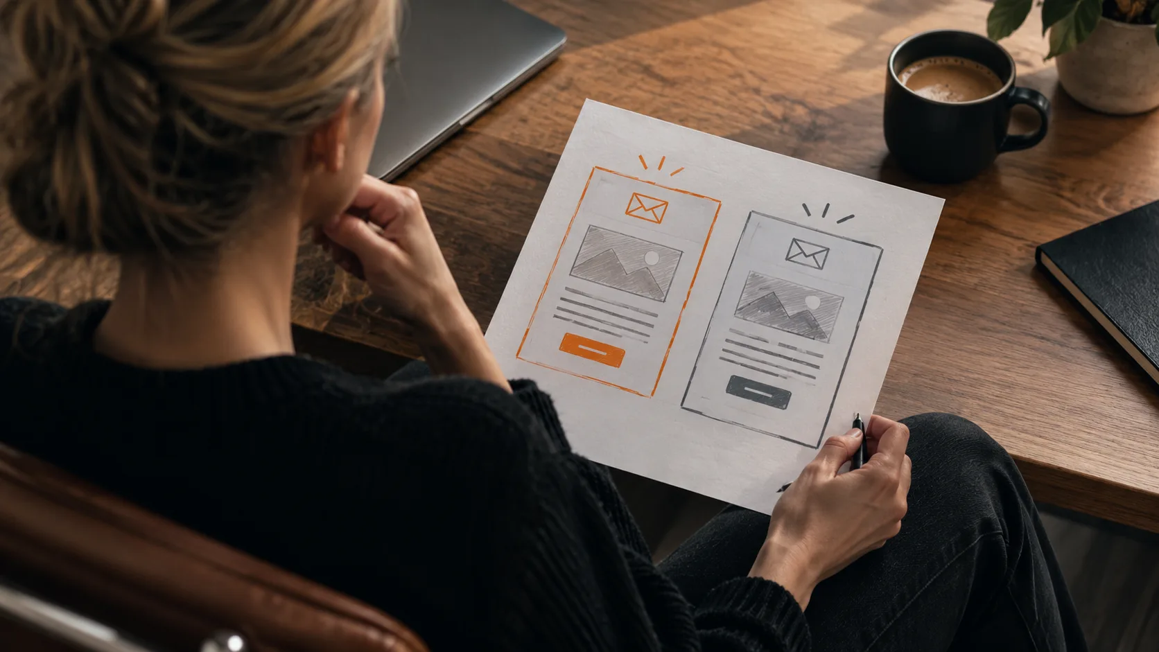A marketer reviewing two distinct email template sketches to choose the correct type for their affiliate campaign goal.