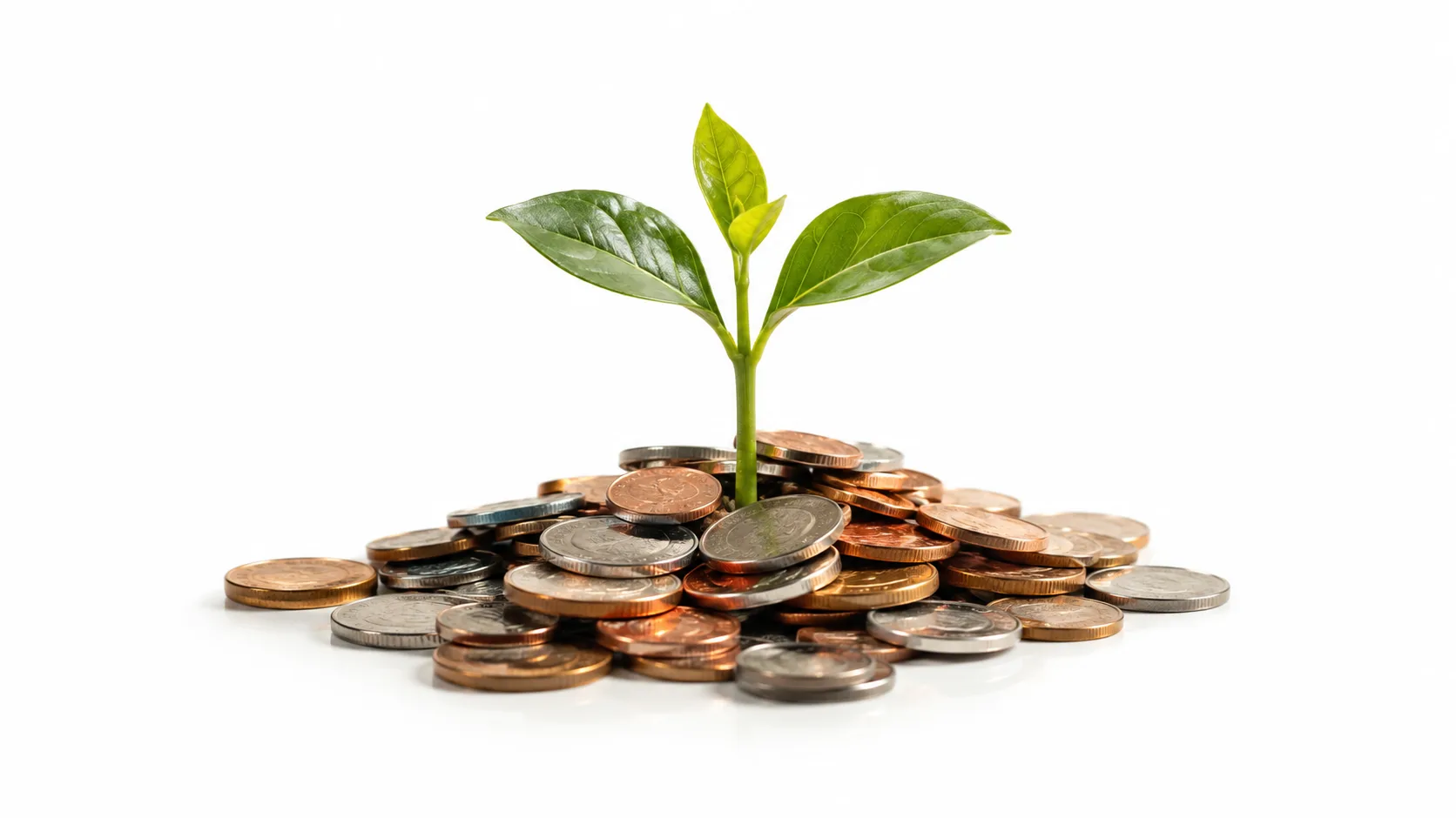 Seedling growing beside coins symbolizing small fast income and slow growing income