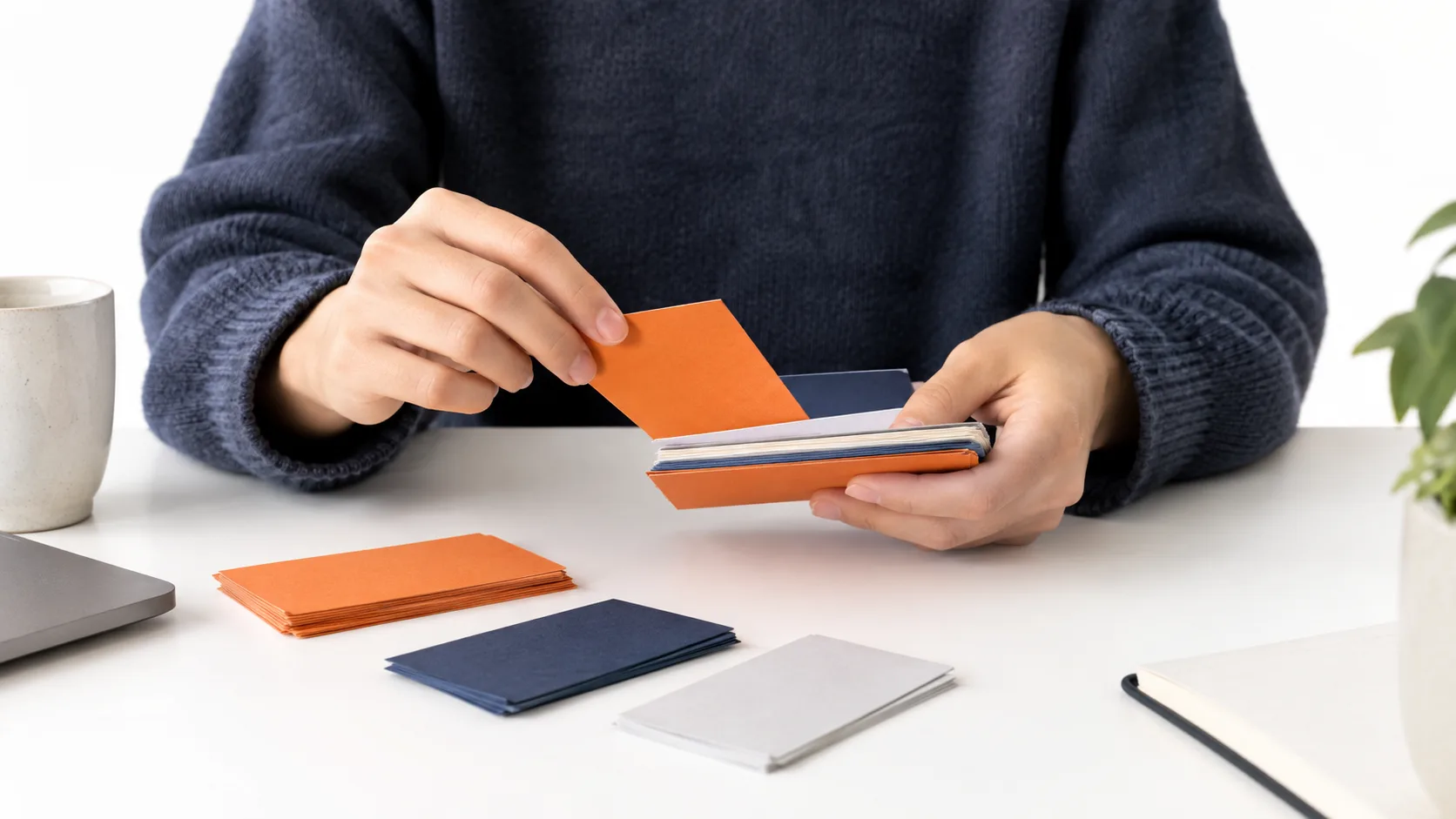 Freelancer sorting index cards representing combining online income methods
