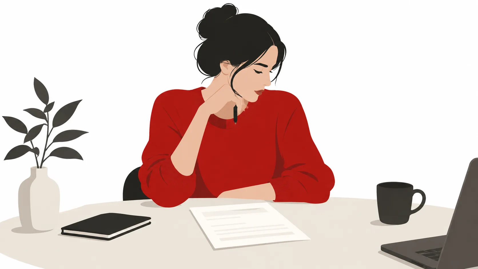 Illustration einer Person in einem roten Oberteil, die neben einem Laptop ein Dokument prüft