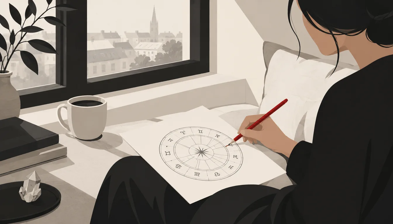 Illustration einer Person, die mit einem roten Bleistift ein kreisförmiges Horoskop neben einem Fenster zeichnet