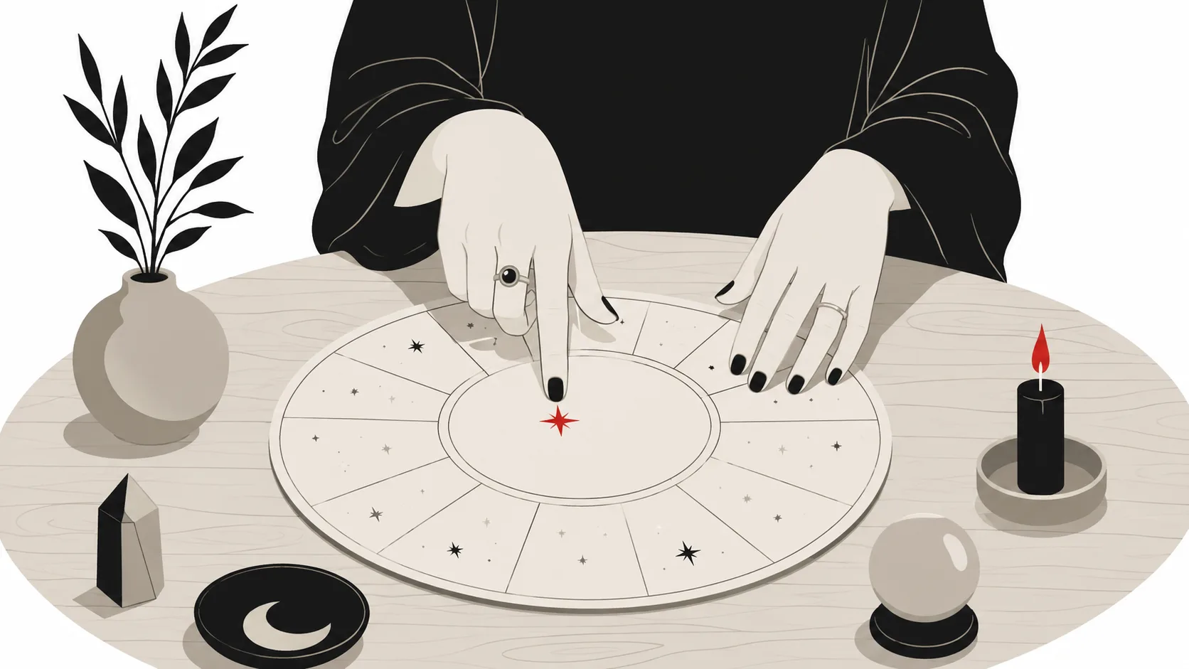 Illustration von Händen, die auf eine kreisförmige Sternkarte auf einem Holztisch zeigen
