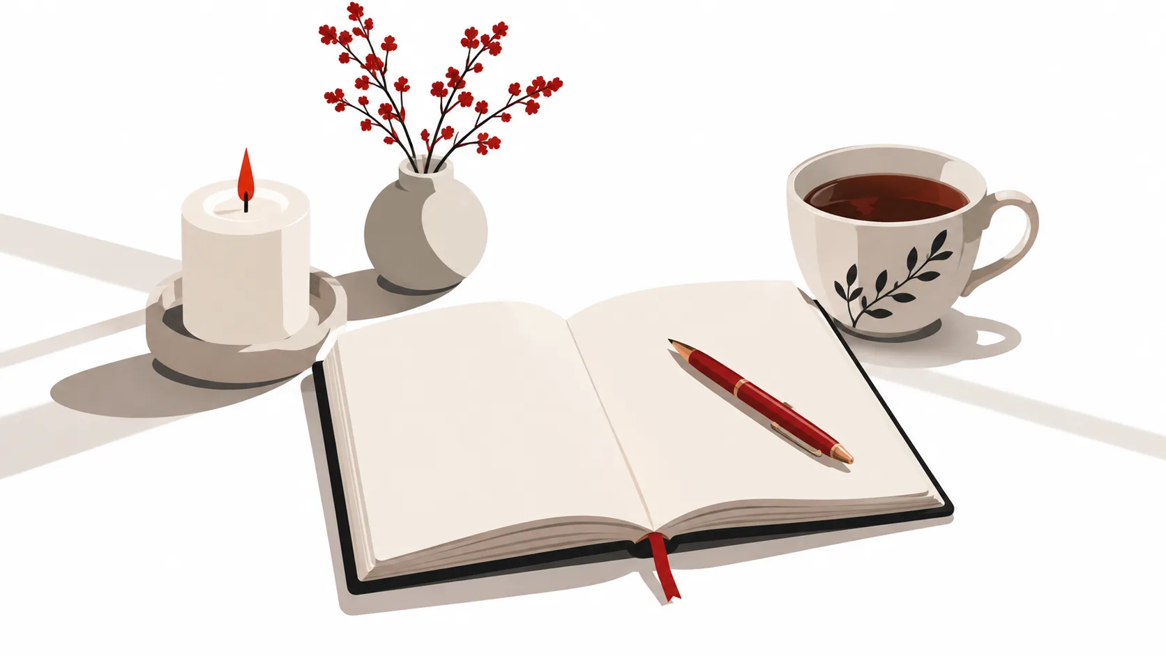 Illustration eines offenen Notizbuchs, eines roten Stifts, einer Tasse Tee und einer brennenden Kerze
