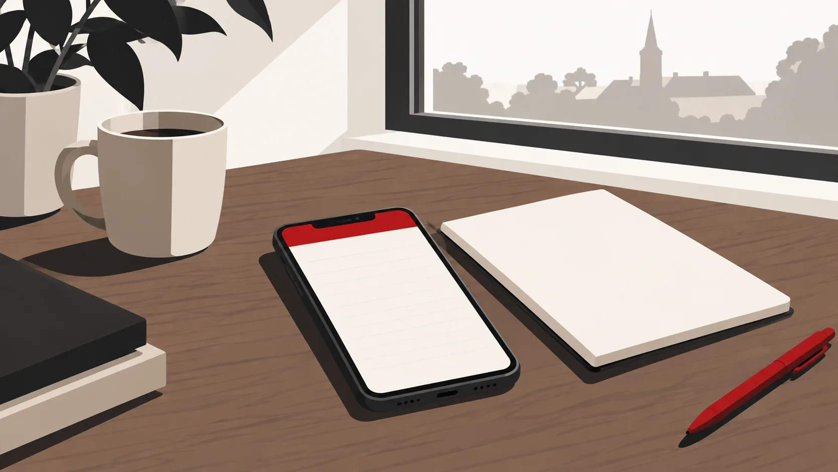 Illustration of a phone and notebook on a desk