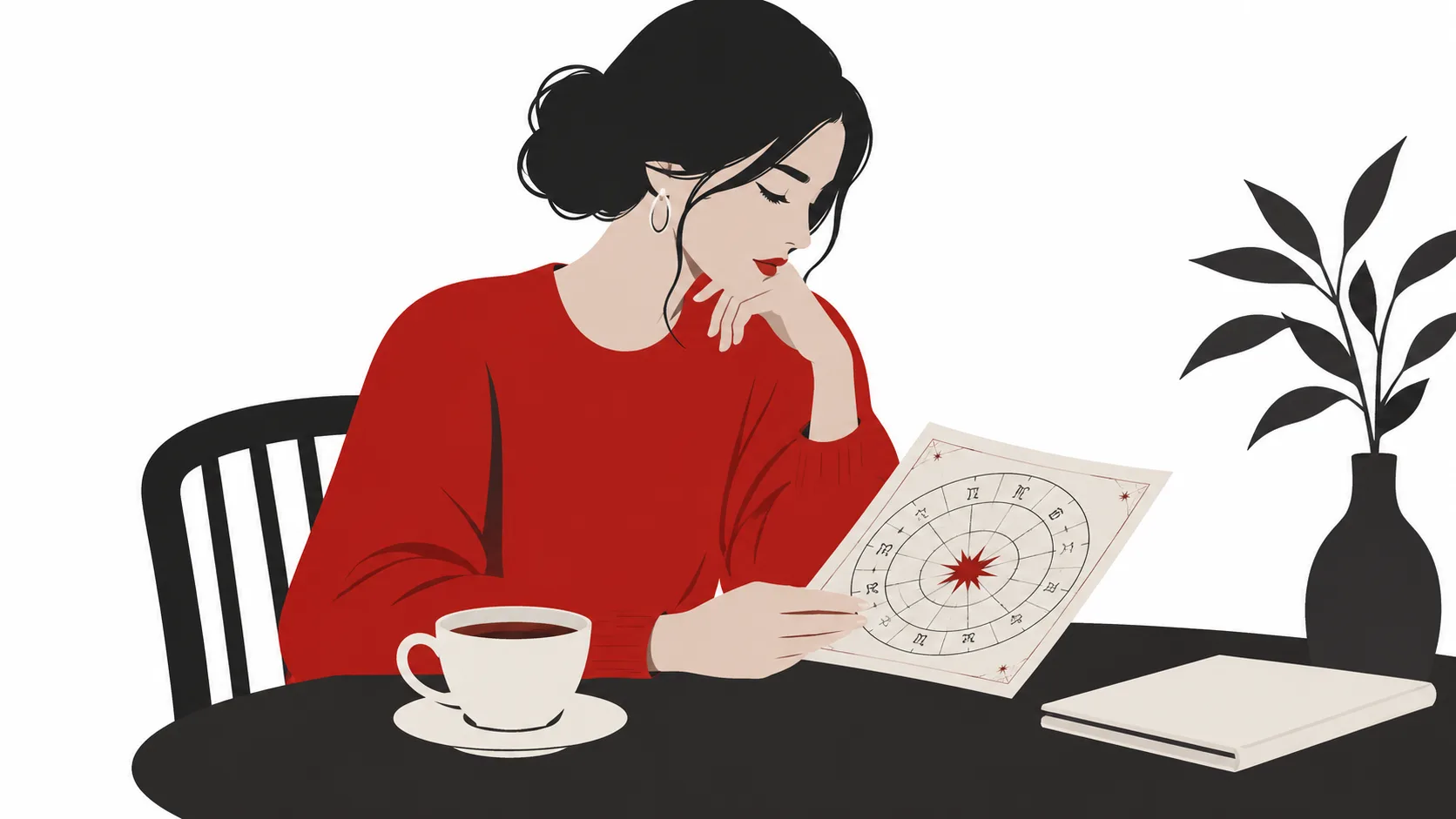 Illustration of a person reviewing a printed natal chart at a table