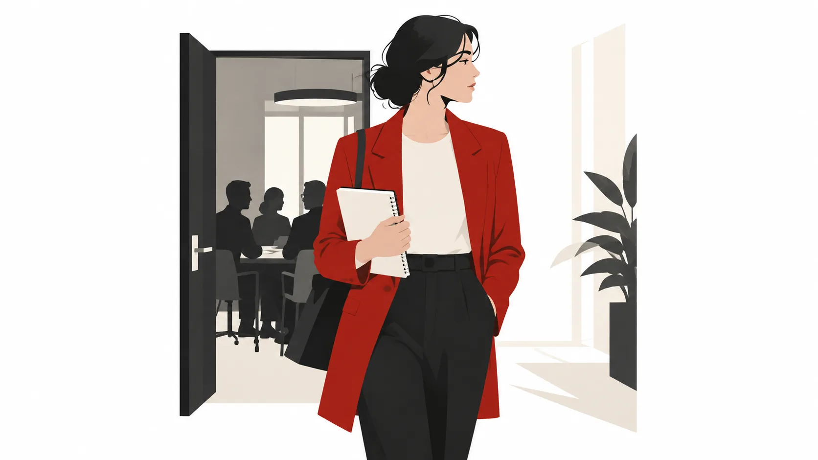Ilustração de uma pessoa com caderno fora de uma sala de reunião