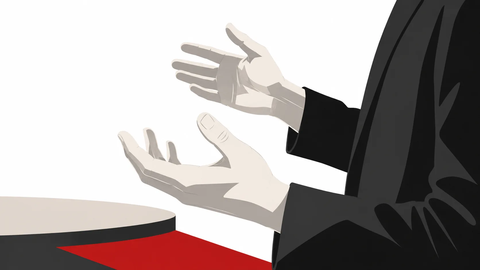 Ilustração de mãos gesticulando ao lado de uma mesa