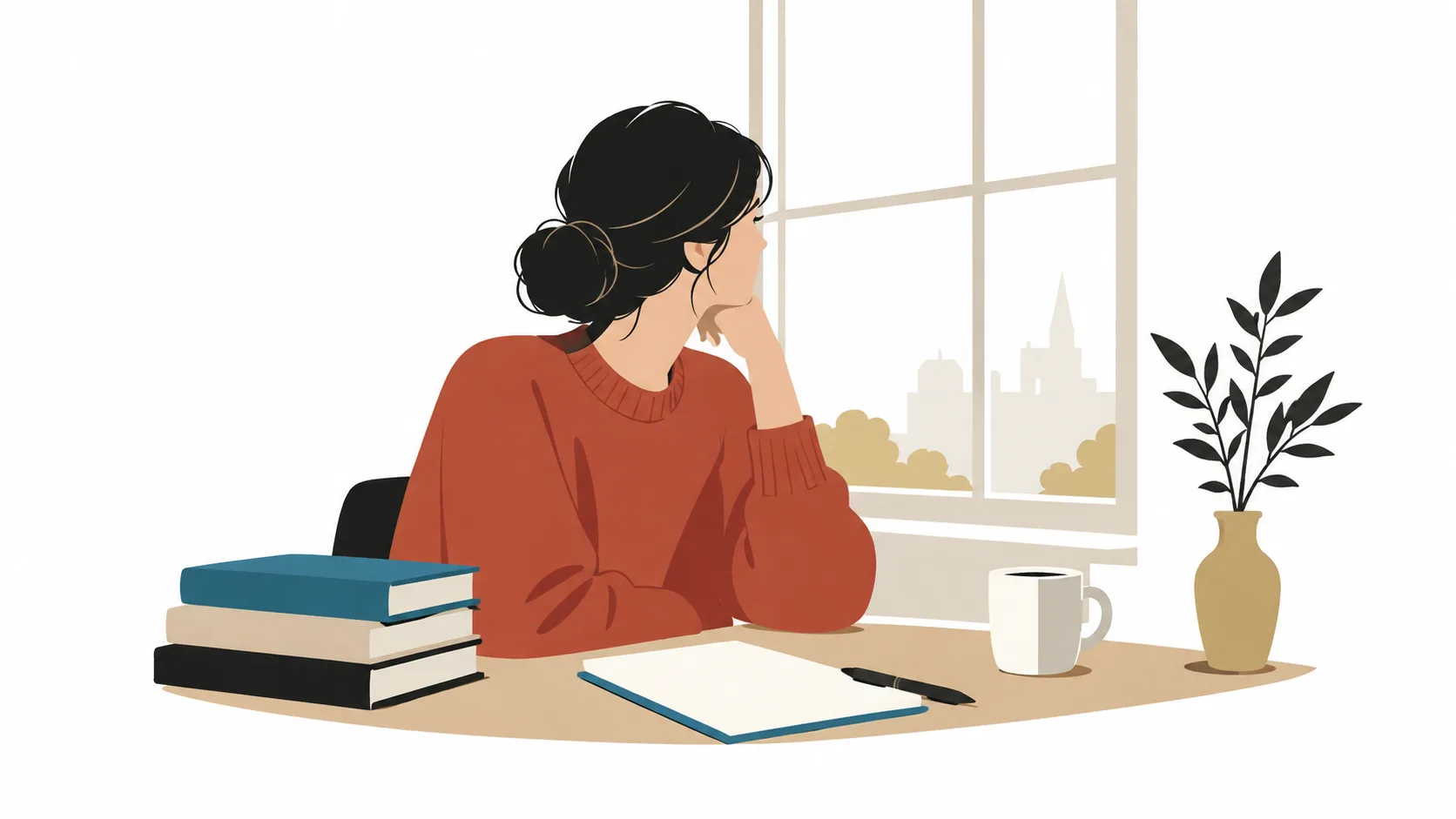 Writer at a window weighing which novel-writing style suits them