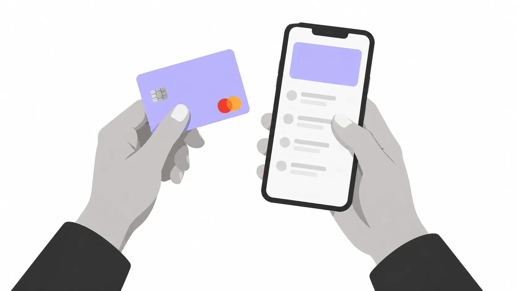 Customer holding payment card and viewing mobile app with blockchain settlement information