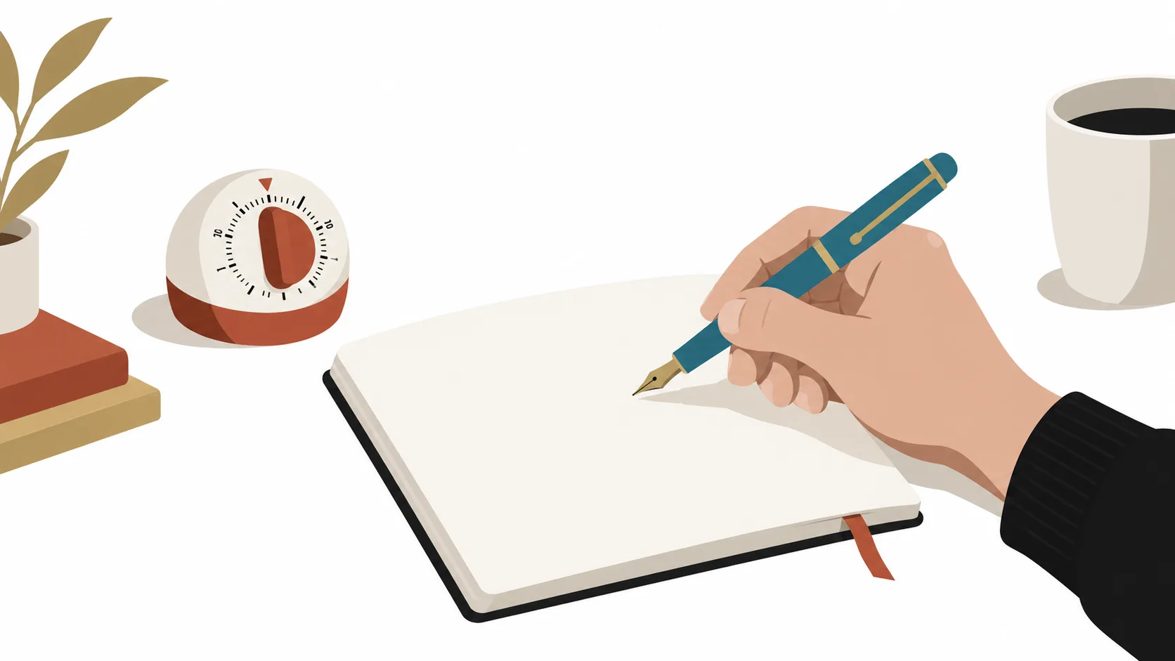 Hand with fountain pen beginning an outline in a blank notebook