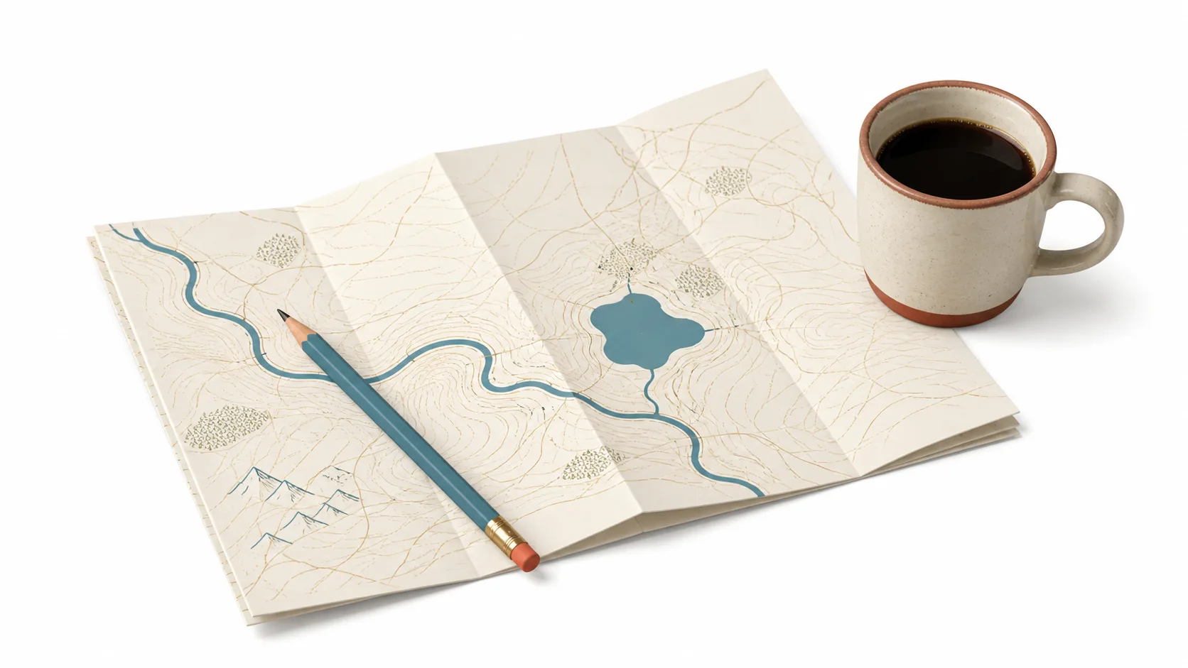 Folded paper map beside a pencil representing a story's structure