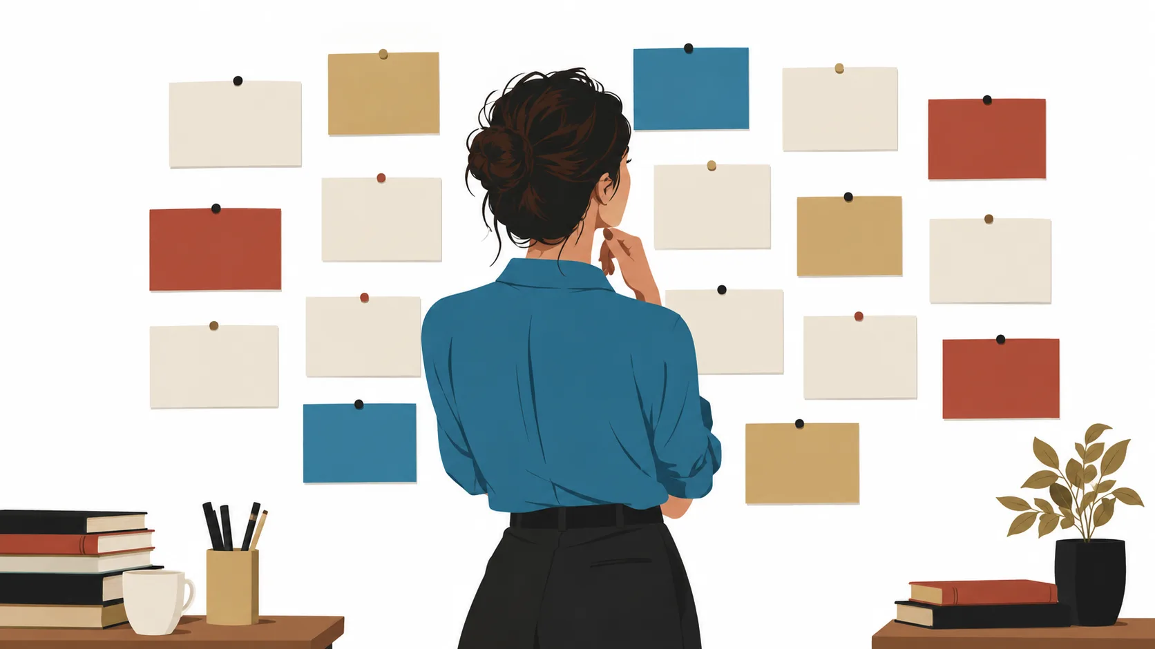Writer pausing midway through a draft in front of index cards