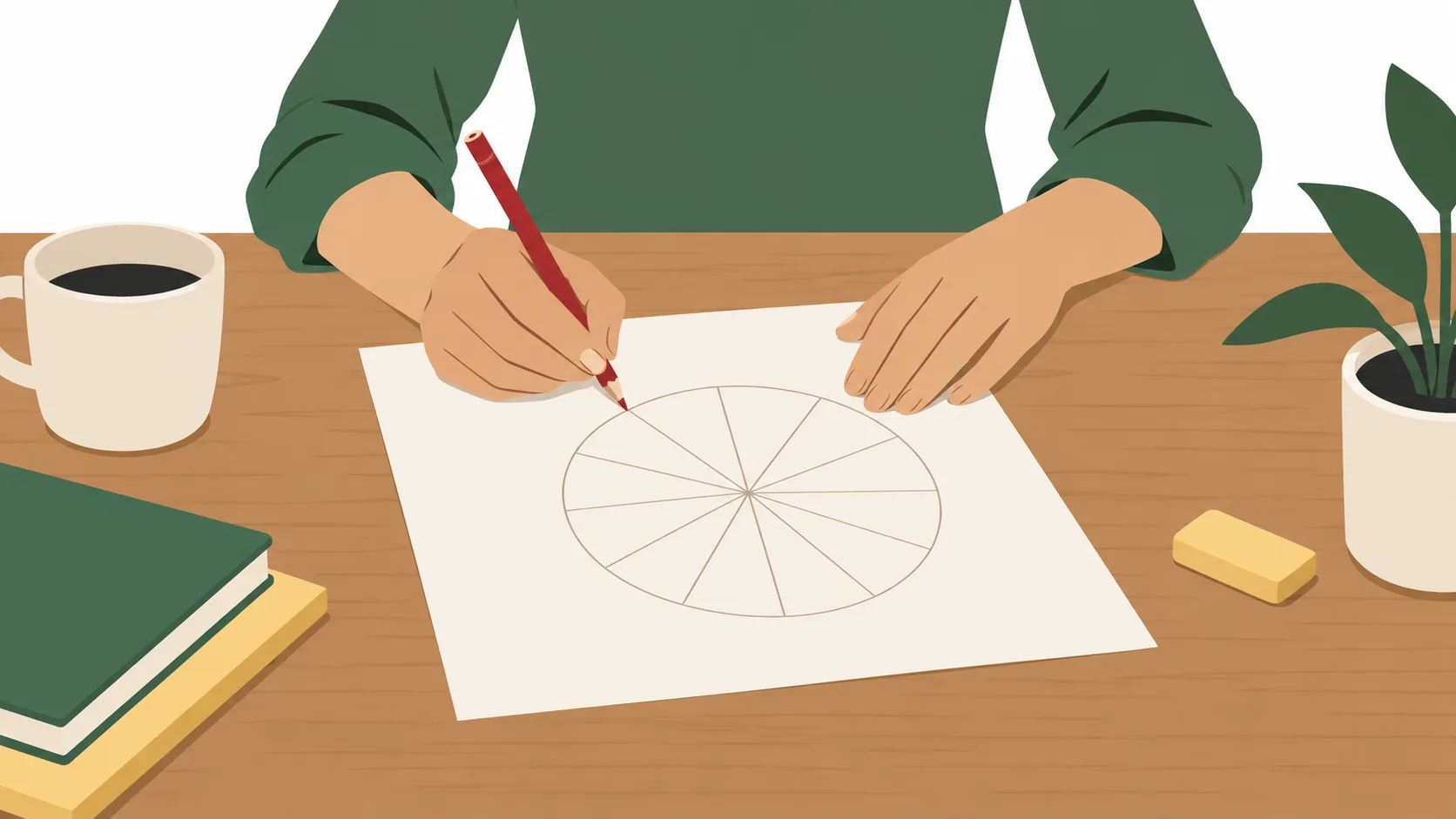 Hände zeichnen ein rundes Horoskop auf Papier an einem Holztisch