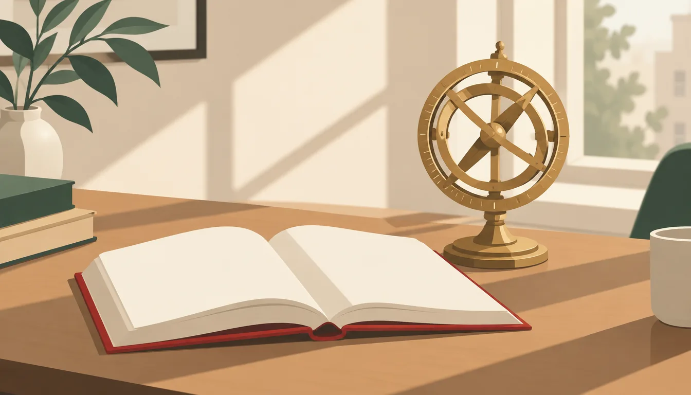 Illustration eines offenen Buchs neben einem astronomischen Instrument aus Messing auf einem Schreibtisch