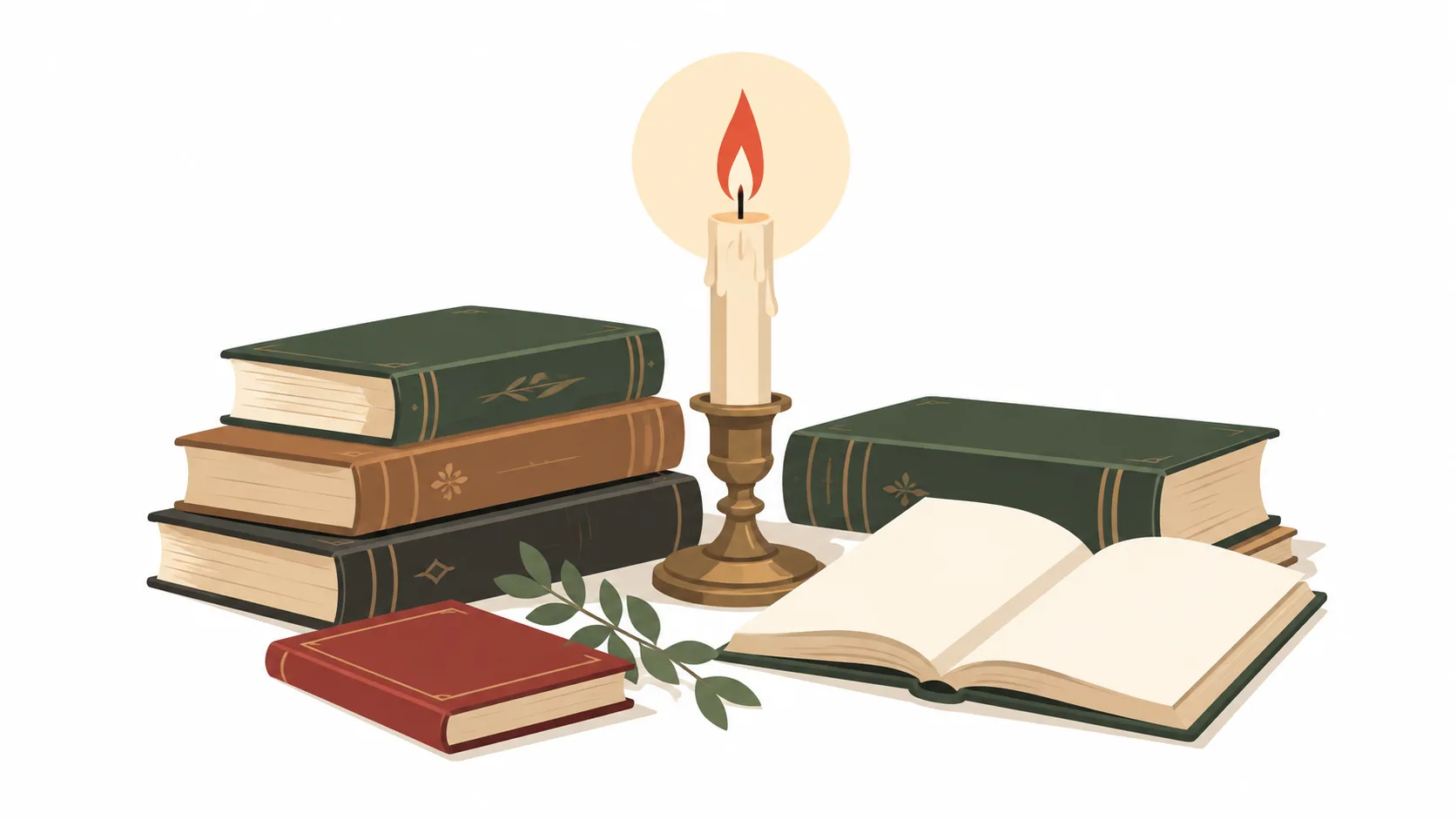 Brennende Kerze neben einem Stapel alter Bücher