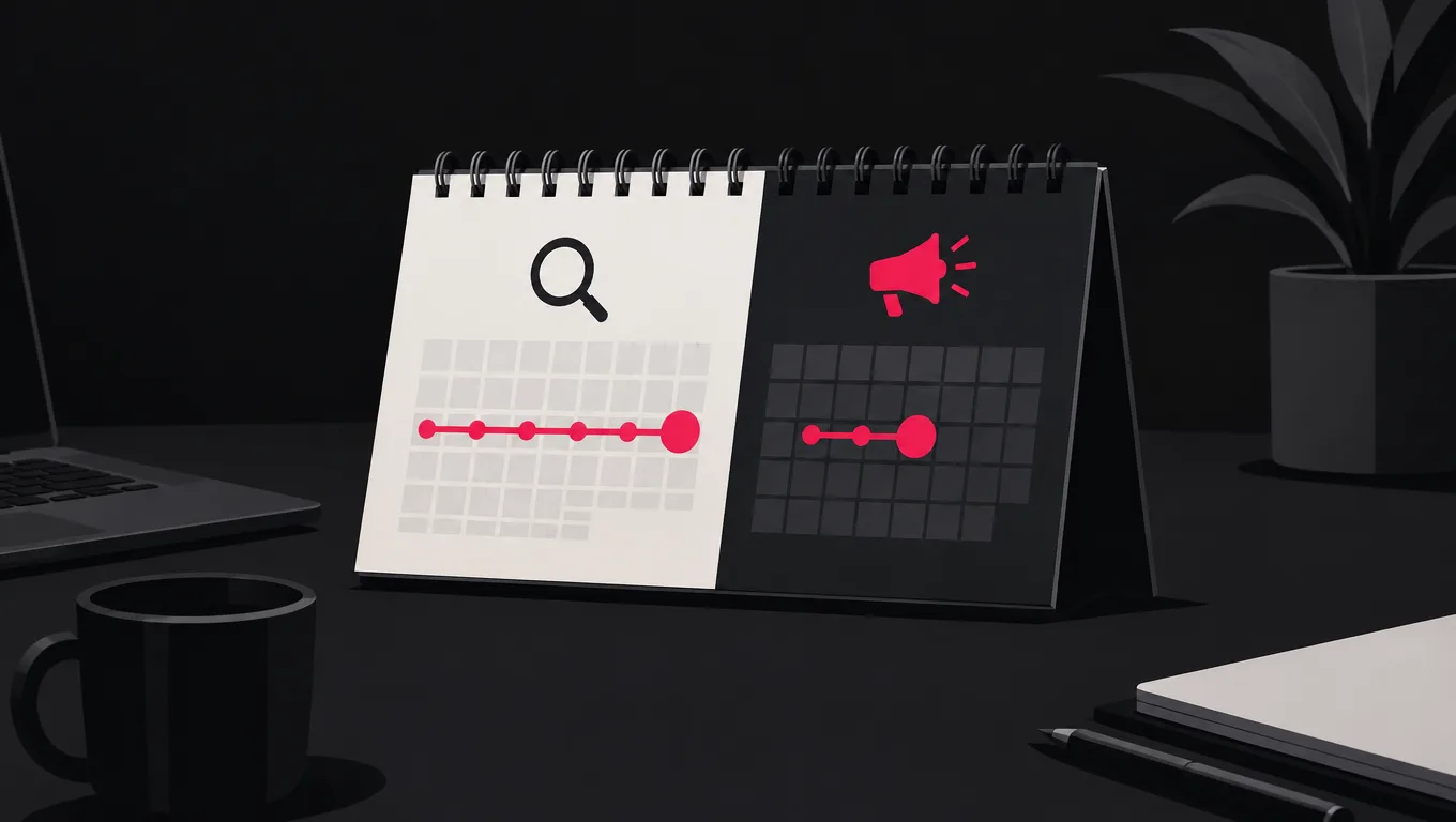 A comparison of SEO vs SEM timelines showing time to first results and ROI