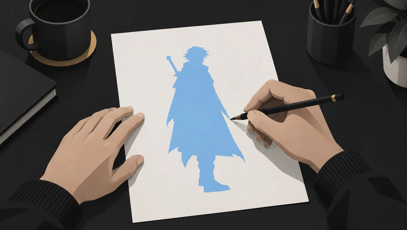Hands sketching a character silhouette while choosing a viewpoint character