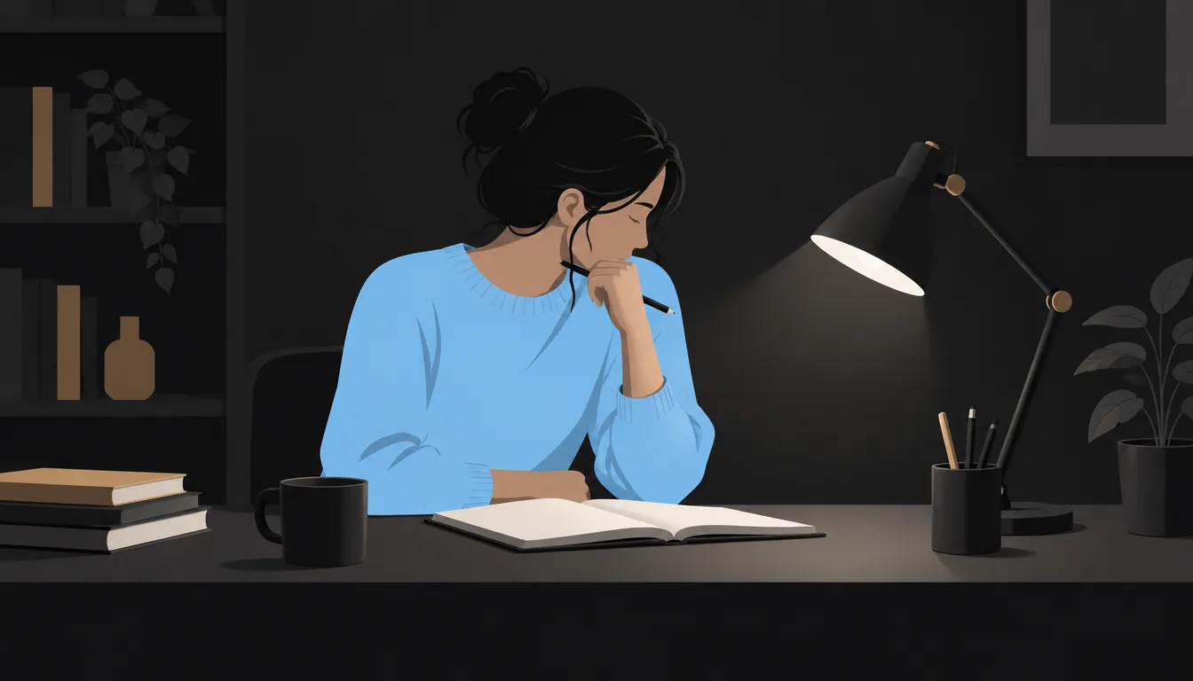 Writer pausing at a desk lamp to fix a vague novel summary