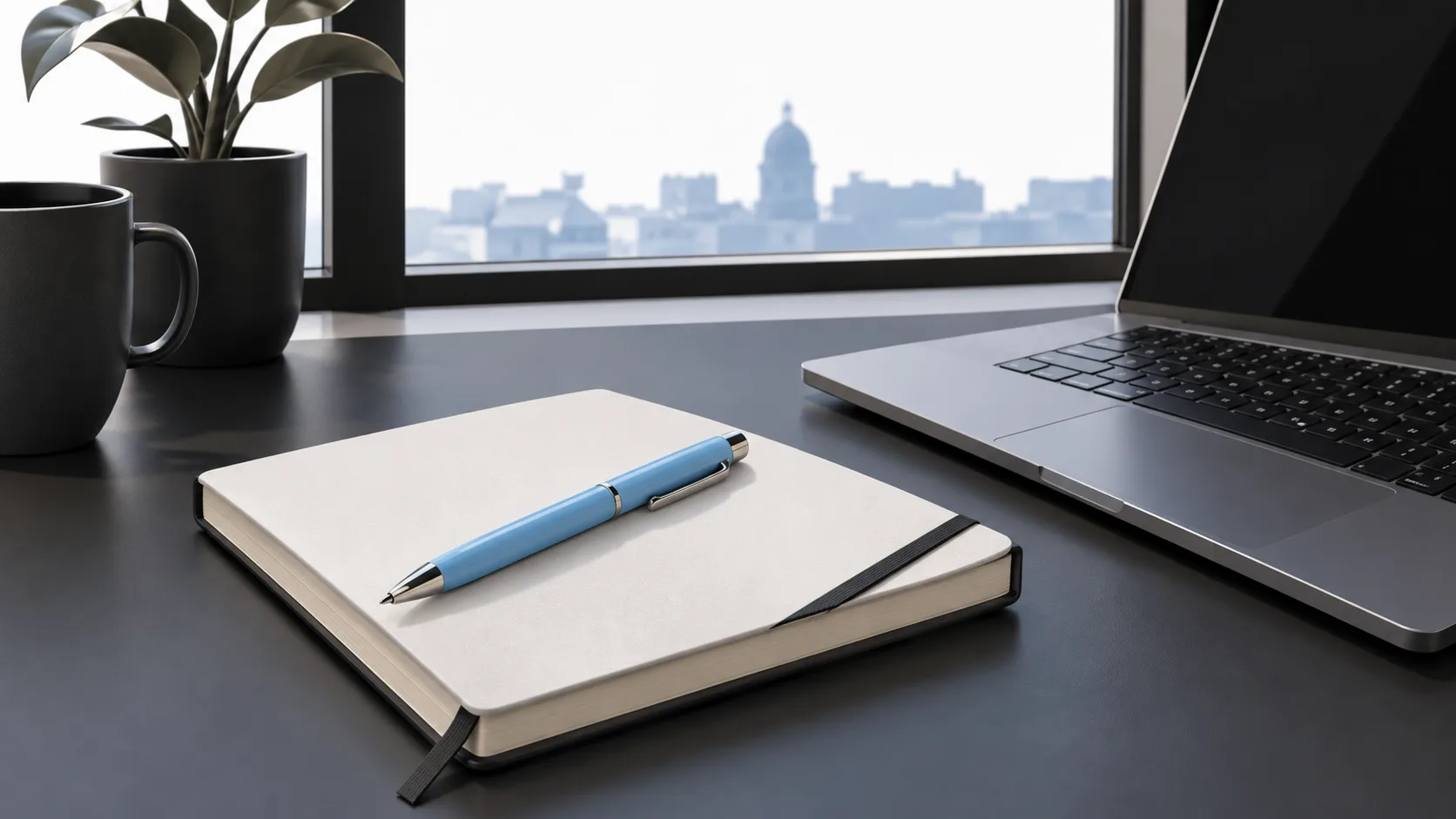 A pen resting on a notebook by a window, ready to start drafting a first novel