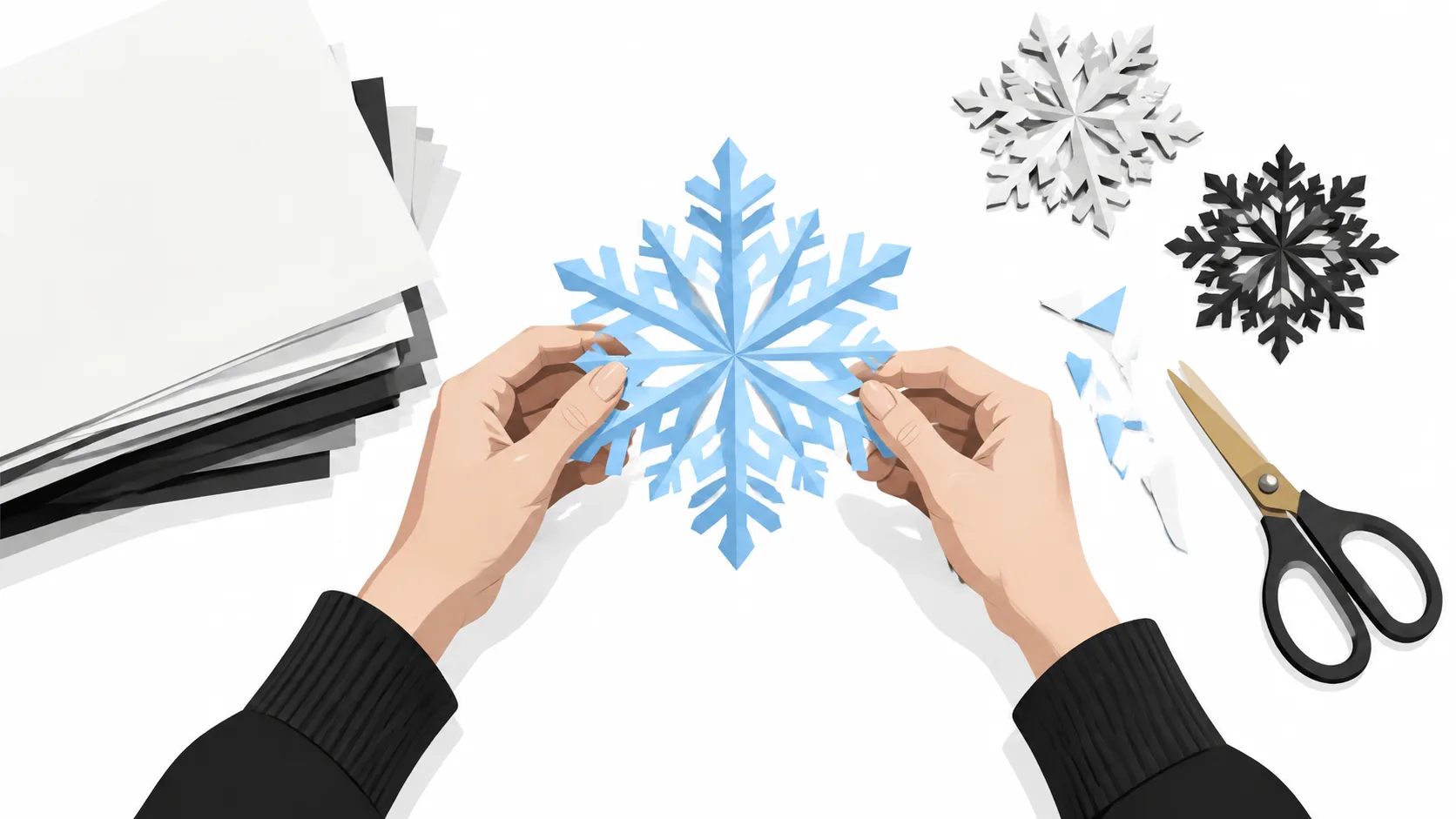 Hands folding a paper snowflake next to manuscript pages, representing growing a story in rounds