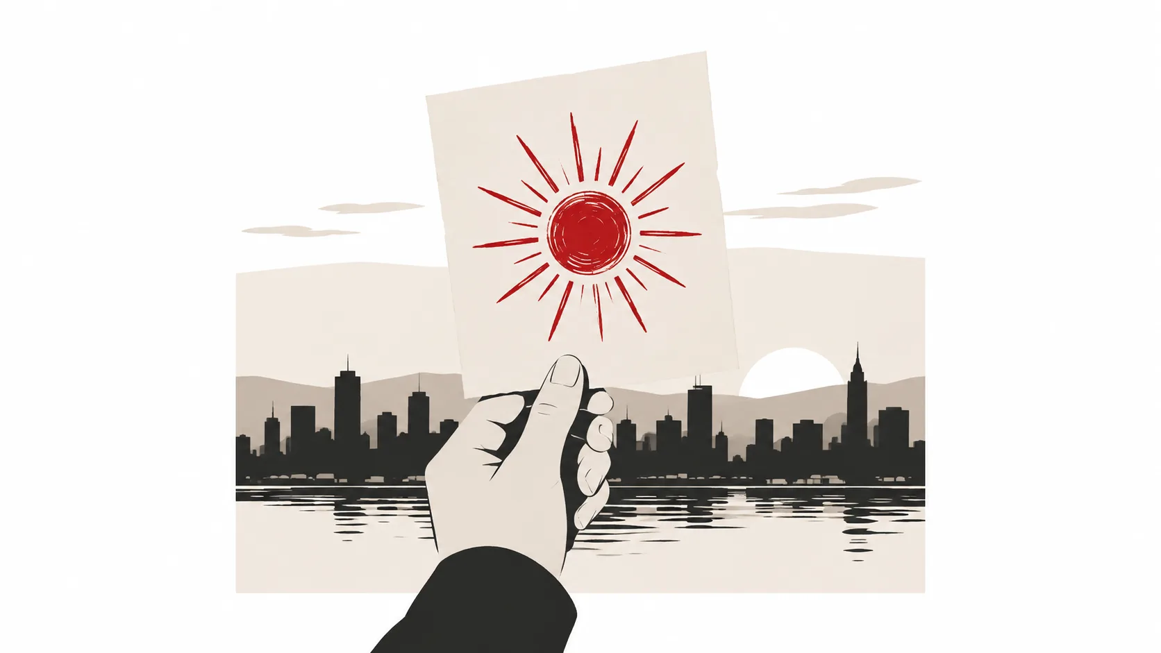 Illustration of a hand holding a red sun drawing in front of a city skyline